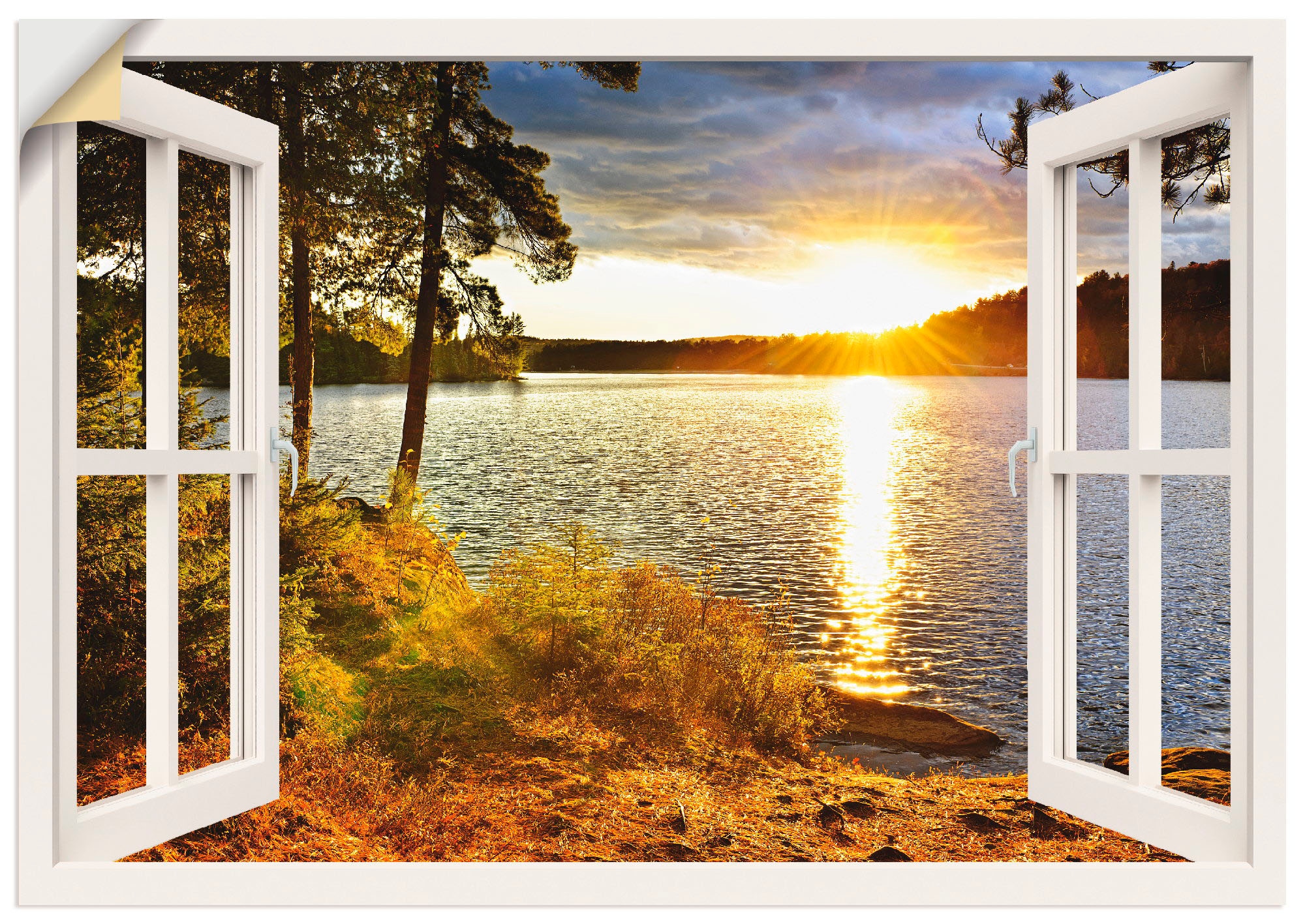 Fensterblick, bestellen St.), (1 Artland auf als oder Wandaufkleber Größen Leinwandbild, »Sonnenuntergang Wandbild versch. Poster Raten Algonquin im in Park«,