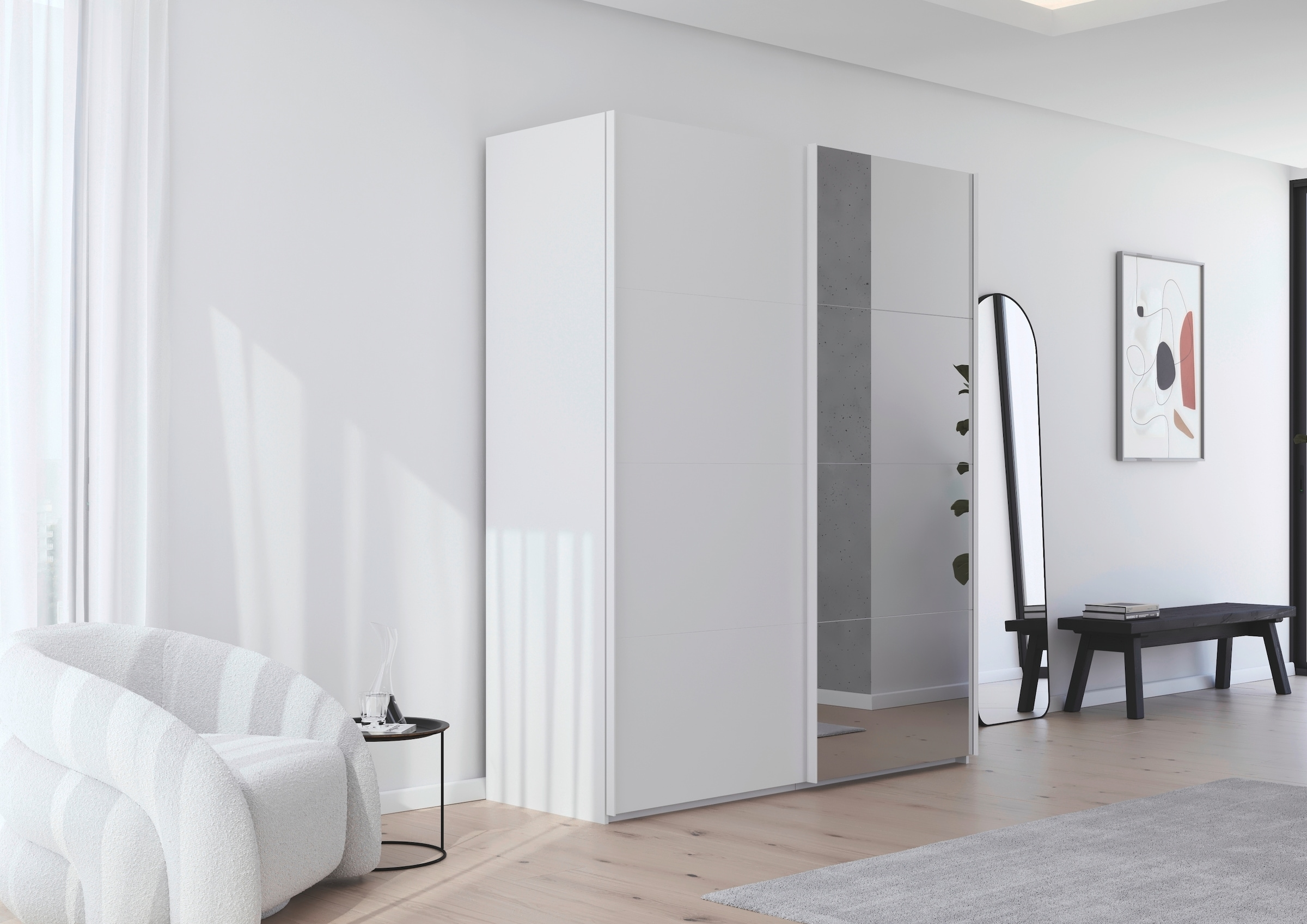 rauch Schwebetürenschrank »Kleiderschrank Schrank Garderobe Schlafzimmerschrank SCALE-FYRA« edle viergeteilte Türen mit Spiegel und vielen Farben MADE IN GERMANY