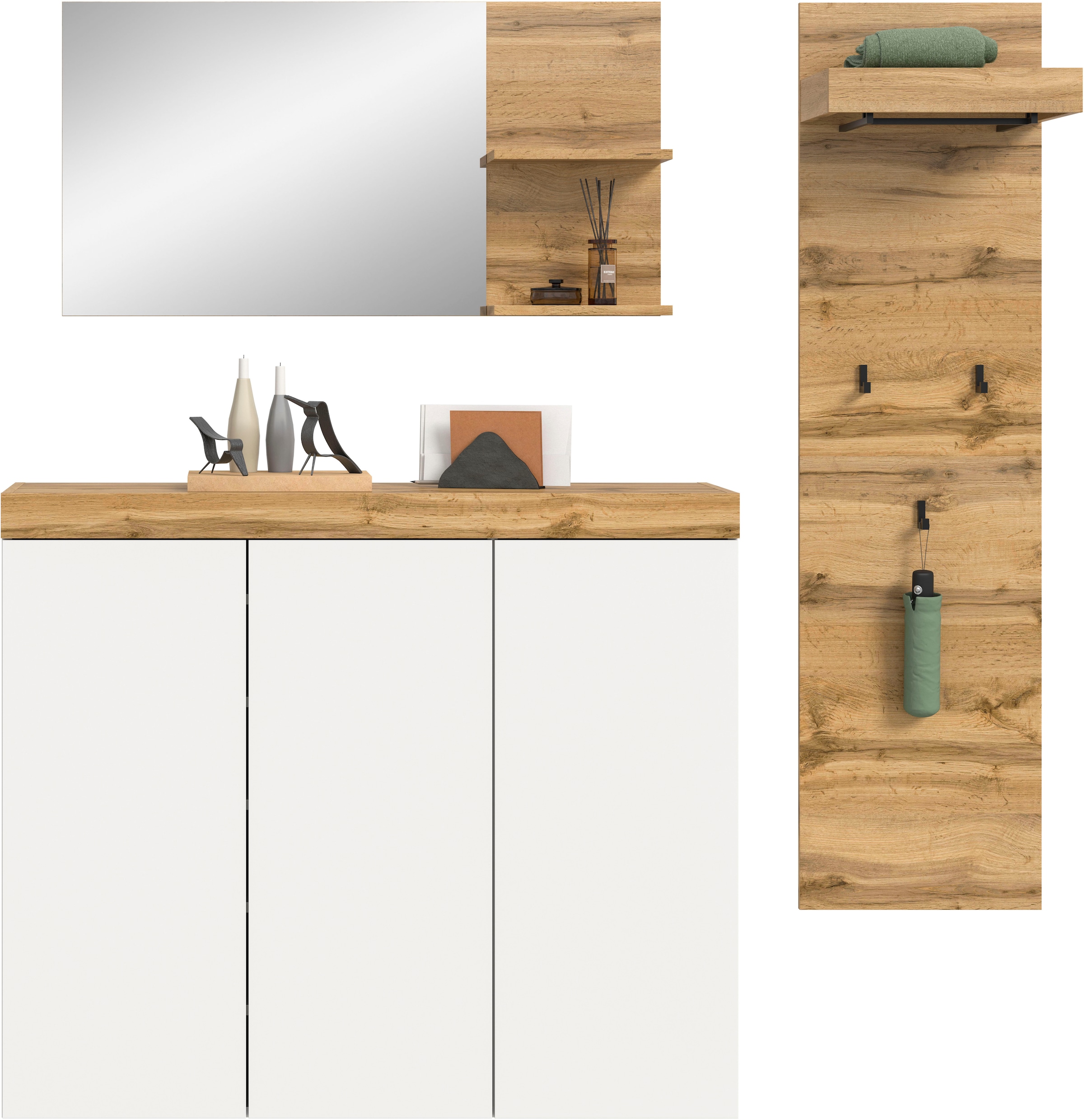 OTTO home Garderoben-Set »MAMBO, TOPSELLER!, 3-teilige Kombination, stehend & hängend montierbar« bestehend aus: Kommode, Spiegel, Garderobenpaneel, 3 Stk. tlg.