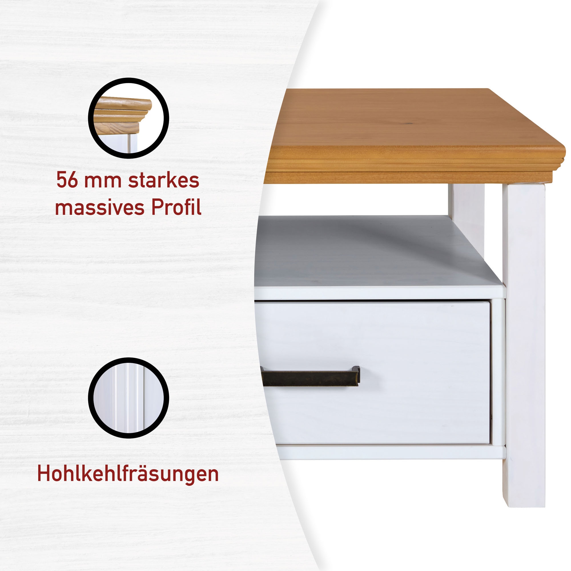 Inter Link Couchtisch »Couchtisch Maluno« 1 Stk. tlg. Kiefer Massiv, Soft-Close, Stauraum, BxTxH: ca. 119,40 x 60 x 49 cm