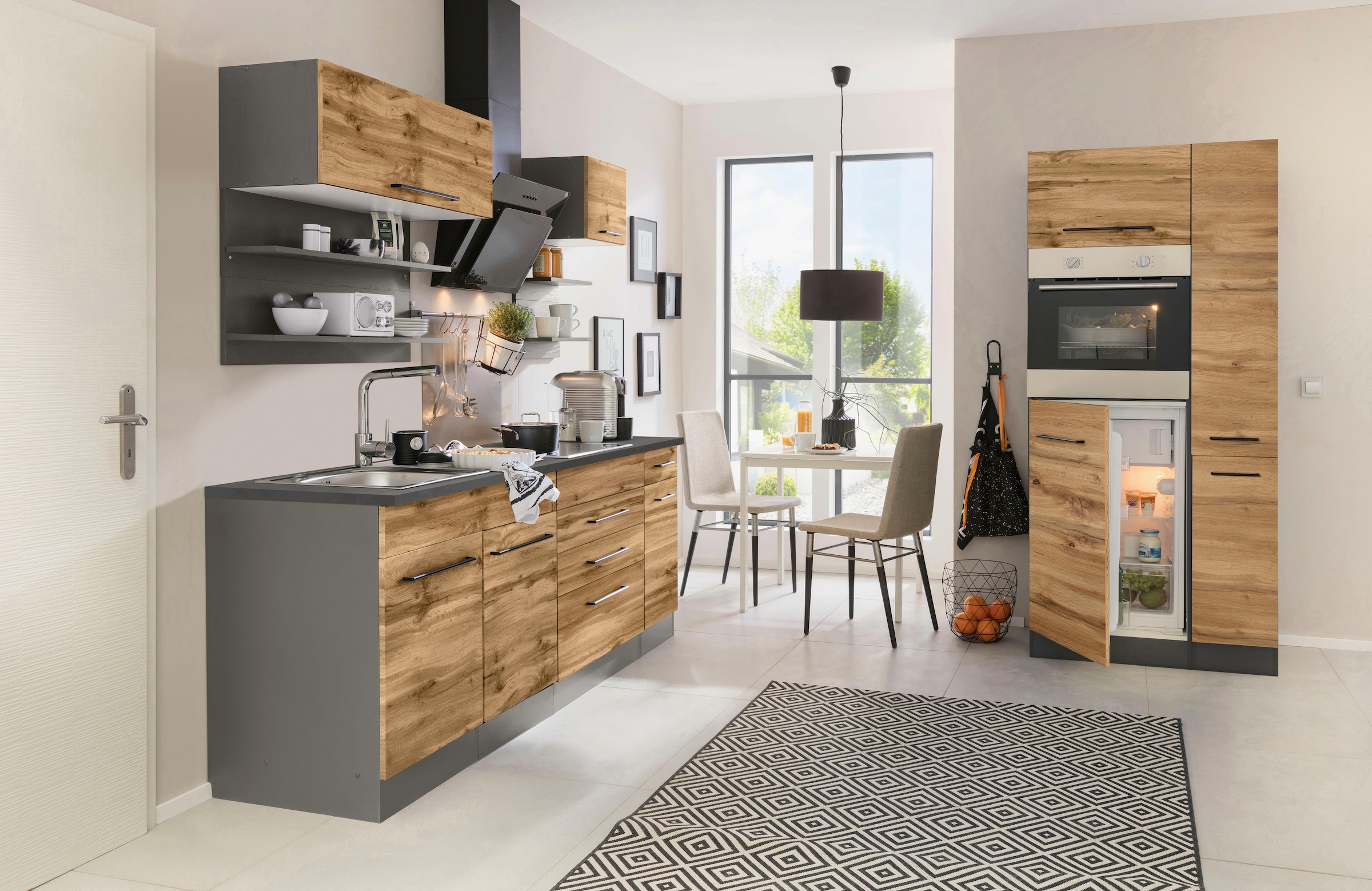 KOCHSTATION Küchenzeile »KS-Tulsa«, mit E-Geräten, Breite 320 cm, schwarze Metallgriffe, MDF Fronten