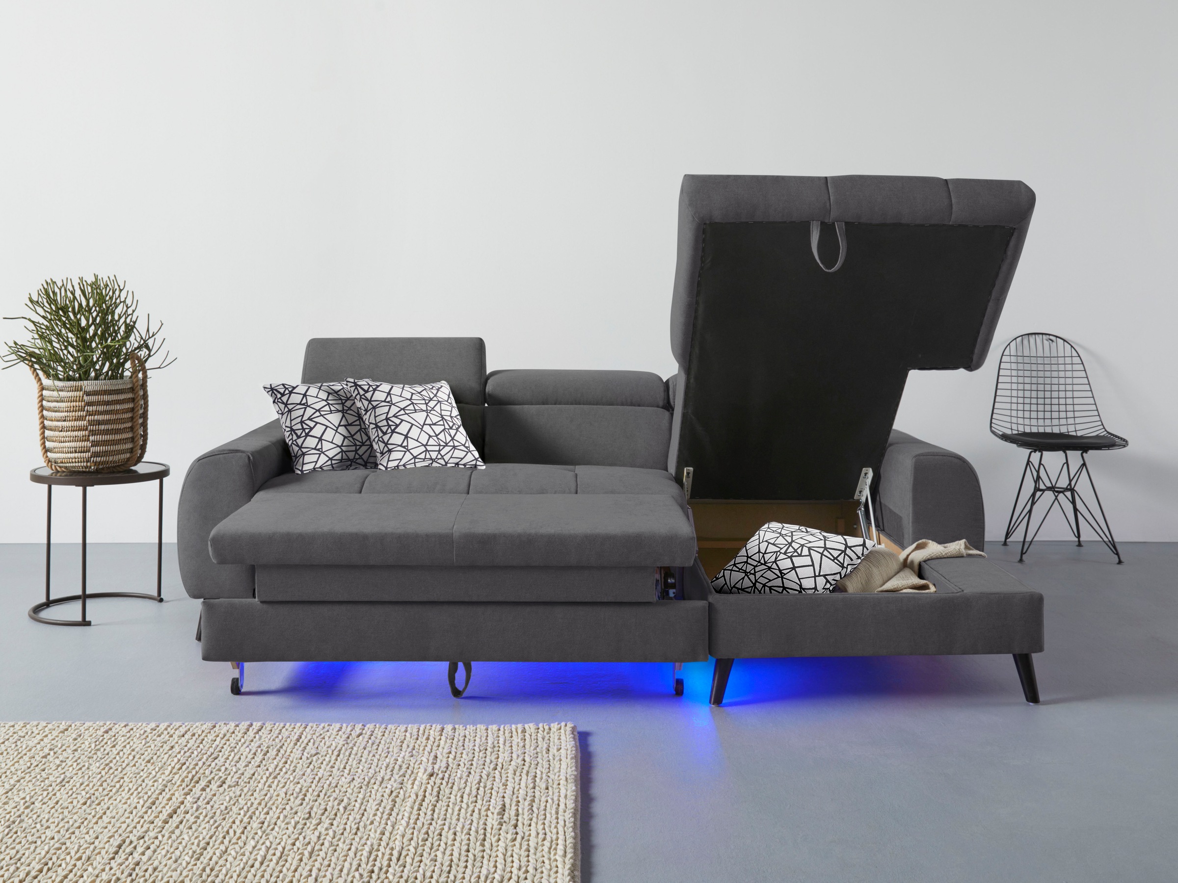 COTTA Ecksofa »Mia L-Form mit 3 Zierkissen«, wahlweise mit Bettfunktion, Bettkasten, Beleuchtung & Wireless-Charger