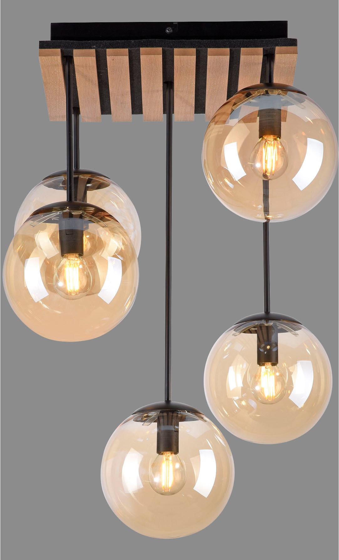 Leonique Deckenleuchte »Erinette Akustikpaneele mit Glaskugeln«, 5 flammig, Leuchtmittel E14 | ohne Leuchtmittel-Leuchtmittel wechselbar, Holz, Akustik, Paneele, Glas, Deckenlampe E14