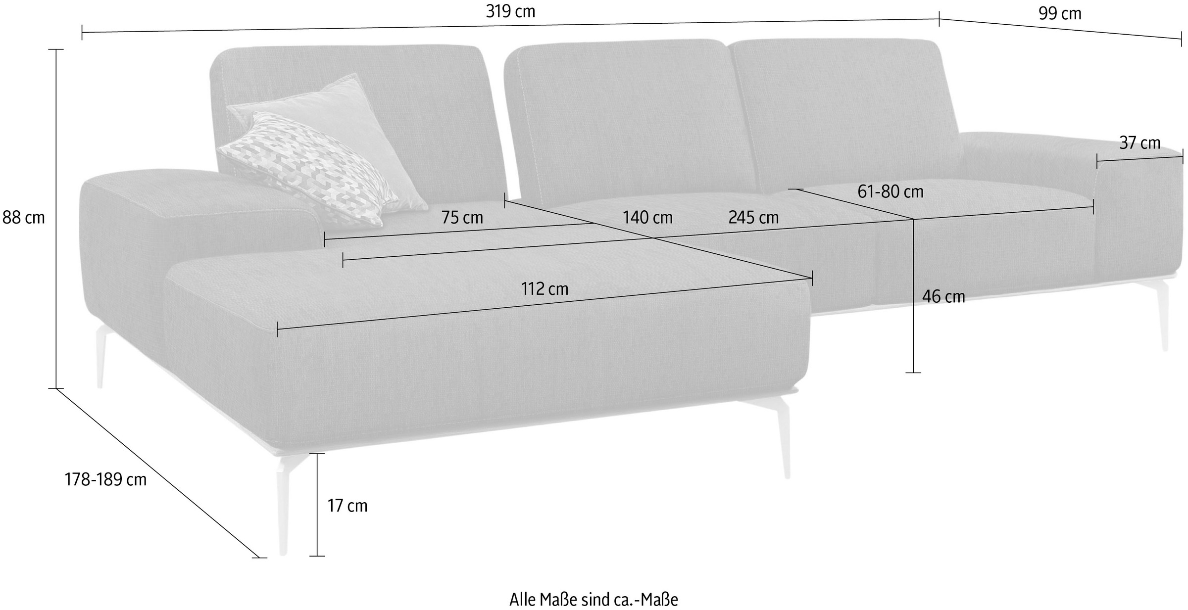 W.SCHILLIG Ecksofa »run, Designsofa mit tollem Sitzkomfort, bequem, L-Form«, mit elegantem Holzsockel, Füße in Silber matt, Breite 319 cm