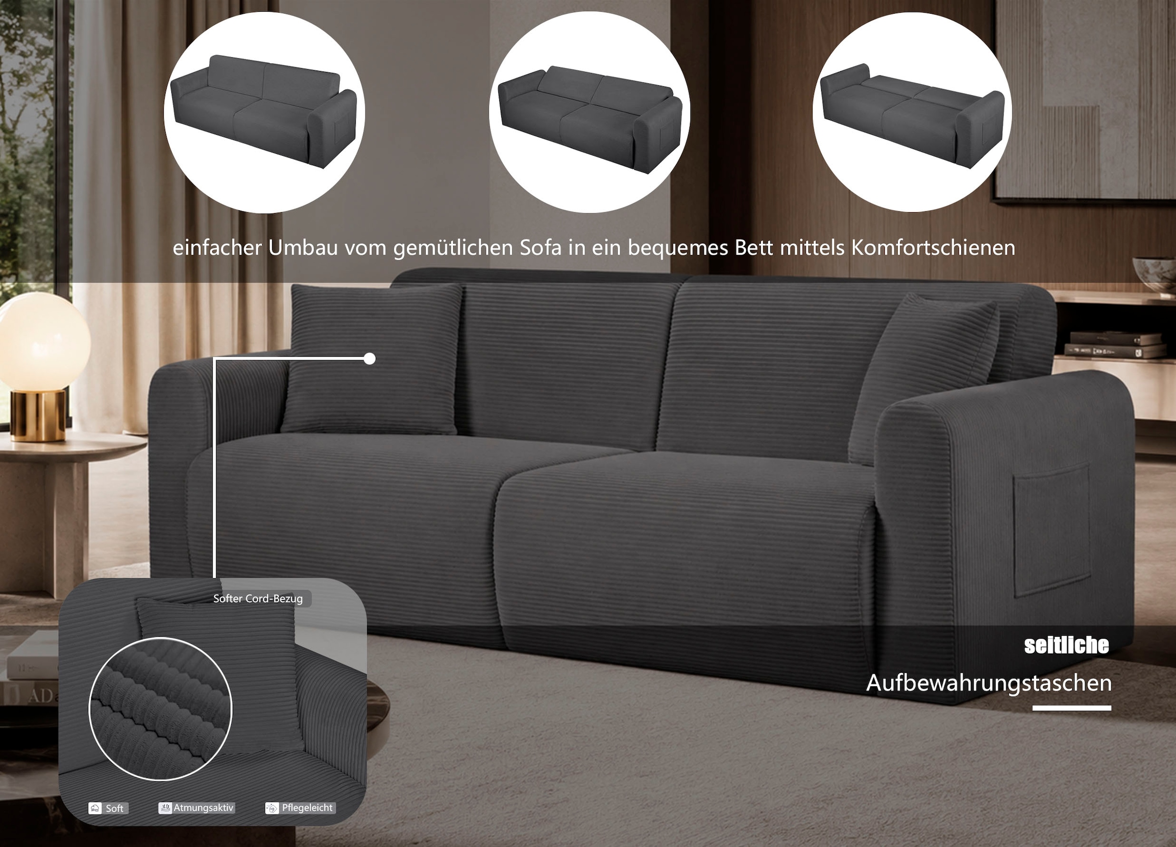 OTTO home 3-Sitzer »JONAA Schlafsofa 225 cm« Liegefläche 105/187 cm, softer Cord-Bezug