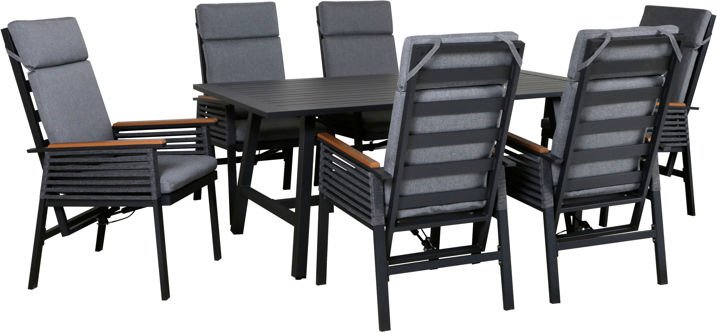 KONIFERA Garten-Essgruppe »Edessa Komfort«, (Set, 13 tlg., 6x Stuhl mit Rückenverstellung, 1x Tisch 180x97x74 cm, inkl. Auflagen), Tischplatte aus Alu-Lamellen,Armlehne mit Seilgeflecht&Noonwood-Latten
