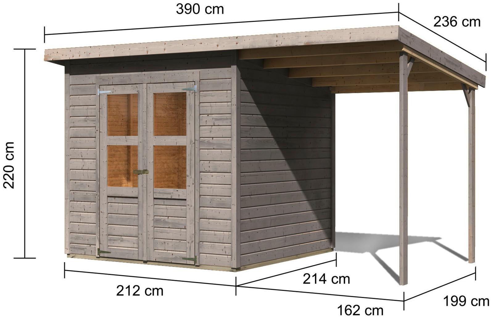 Karibu Gartenhaus »»Merseburg 4« vorvergraut mit Anbaudach«, (Set), aus Fichtenholz, farbig lasiert
