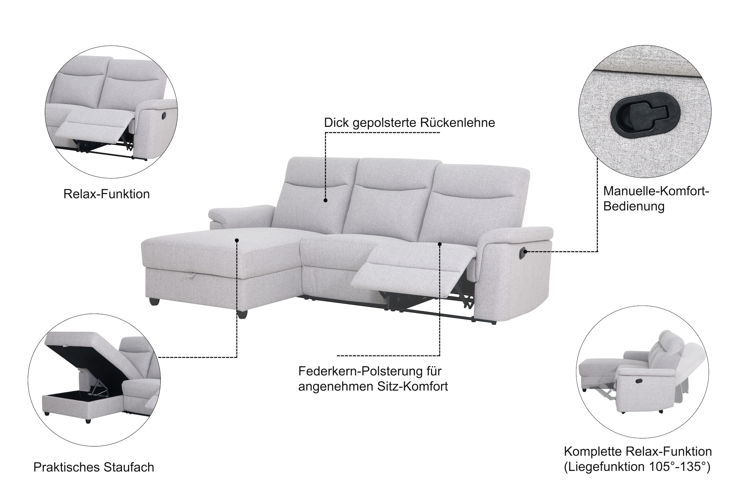 Home affaire Ecksofa »BRIONNE, L-Form, 255cm, manuelle u. elektrische Funktion (USB A/C),«, Liegefunktion, Stauraum, Federkernpolsterung, Webstoff