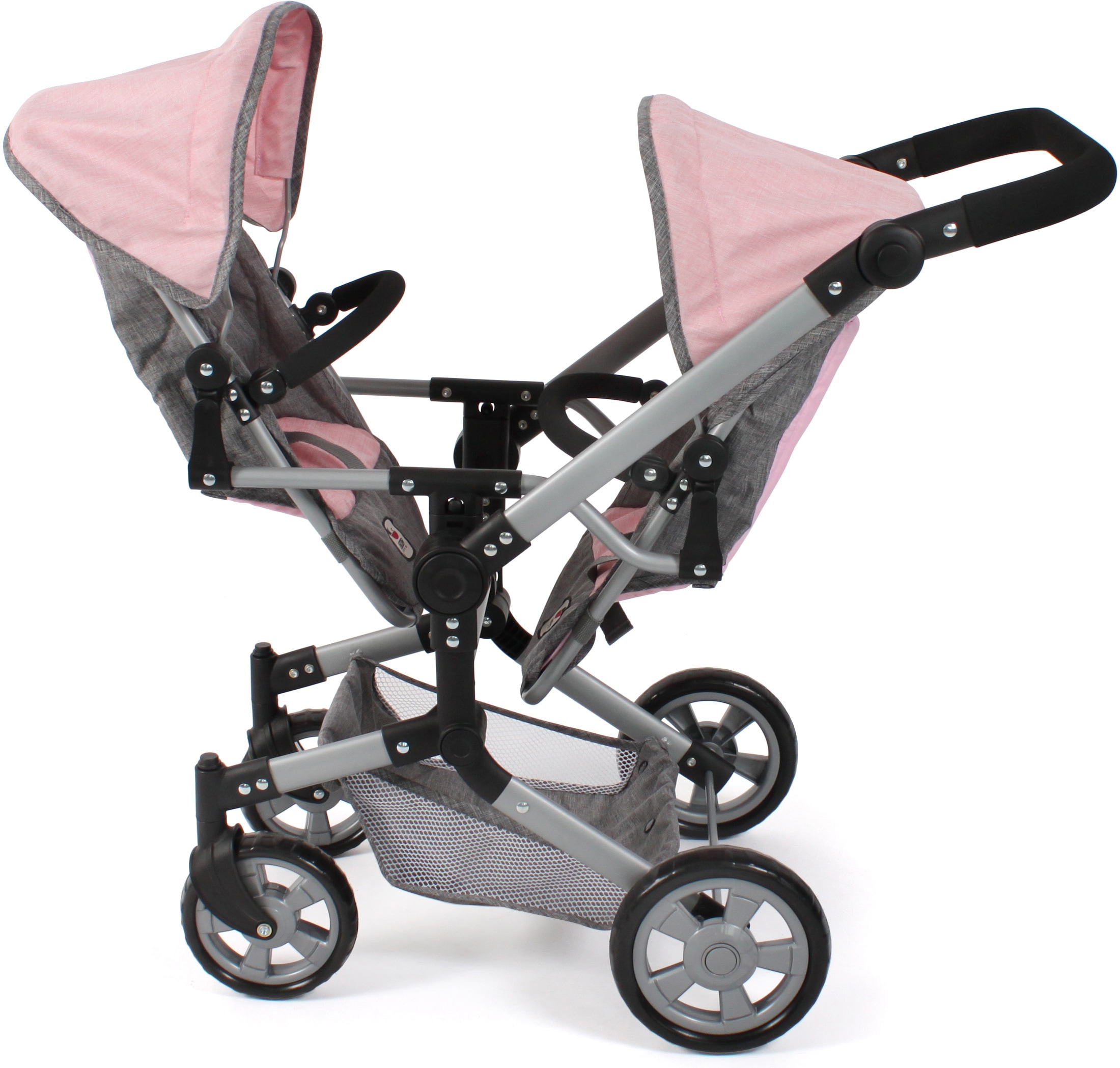 CHIC2000 Puppen-Zwillingsbuggy »Linus Duo, Grau-Rosa«, mit zwei abnehmbaren, bis in Liegeposition verstellbaren Sportsitzen