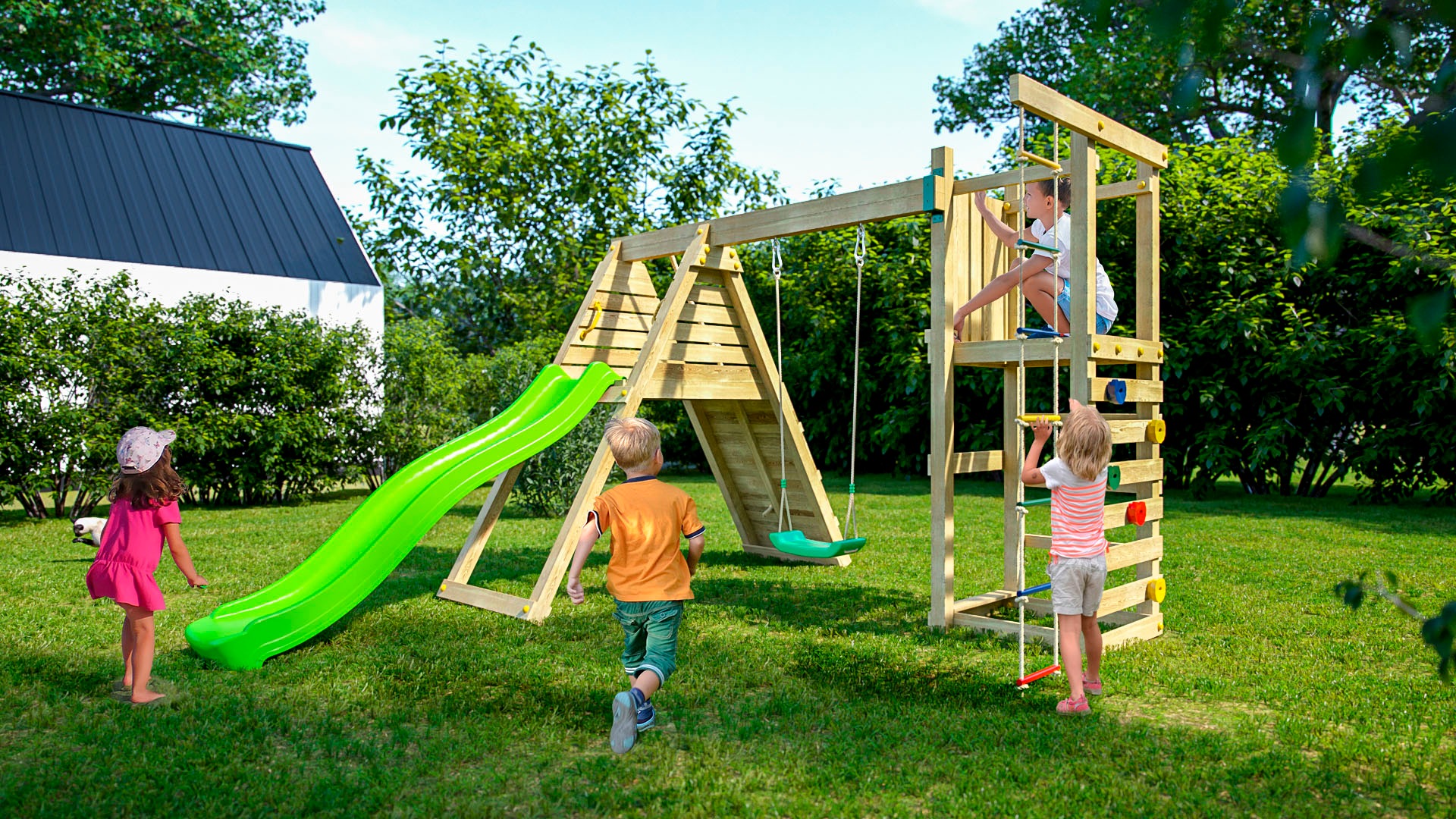 FUNGOO Spielturm »Climber, Klettergerüste m Rutsche, Kletterbrücke, -leiter u. Schaukel«, Made in Europe