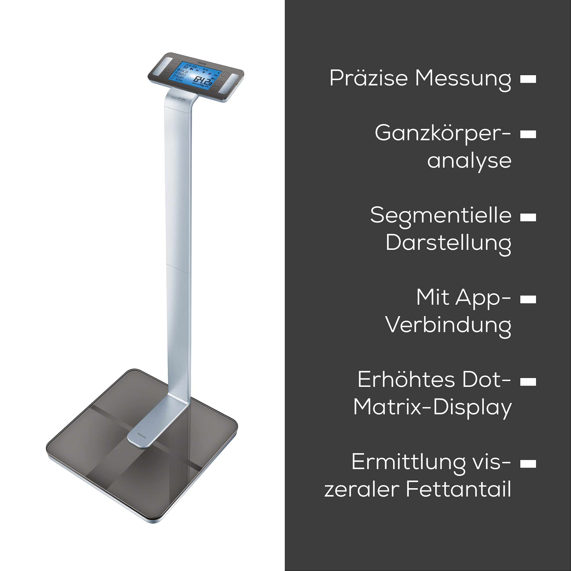 BEURER Körper-Analyse-Waage »BF 1000 zur Überkreuzmessung mit 8 Elektroden zur Ganzkörperanalyse«, Messung von Viszeralfett, Körperfett, Muskelanteil, Knochenmasse etc.