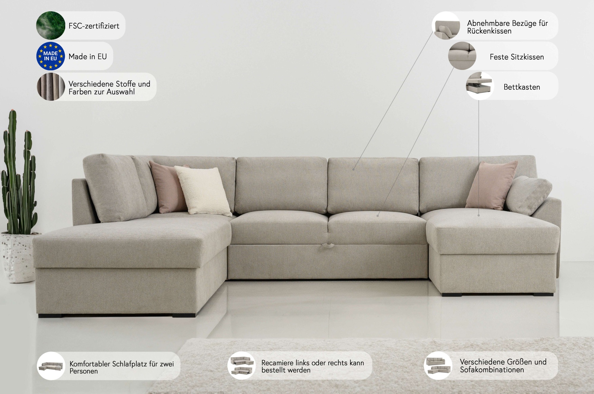 Home affaire Wohnlandschaft »Citry«, Breite 309 cm, Chenille, Bettfunktion, Bettkasten, U-Form