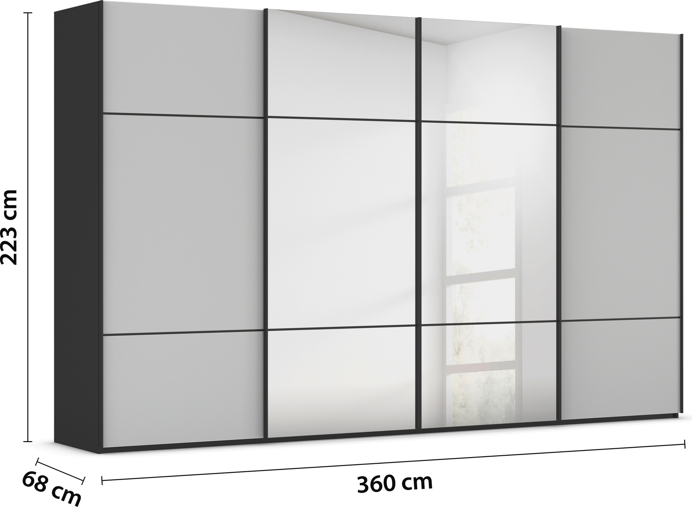 rauch Schwebetürenschrank »Kleiderschrank Schrank Garderobe Schlafzimmerschrank SCALE-TRIO«, edle dreigeteilte Front mit 2 Zierleisten Spiegel/Glas MADE IN GERMANY