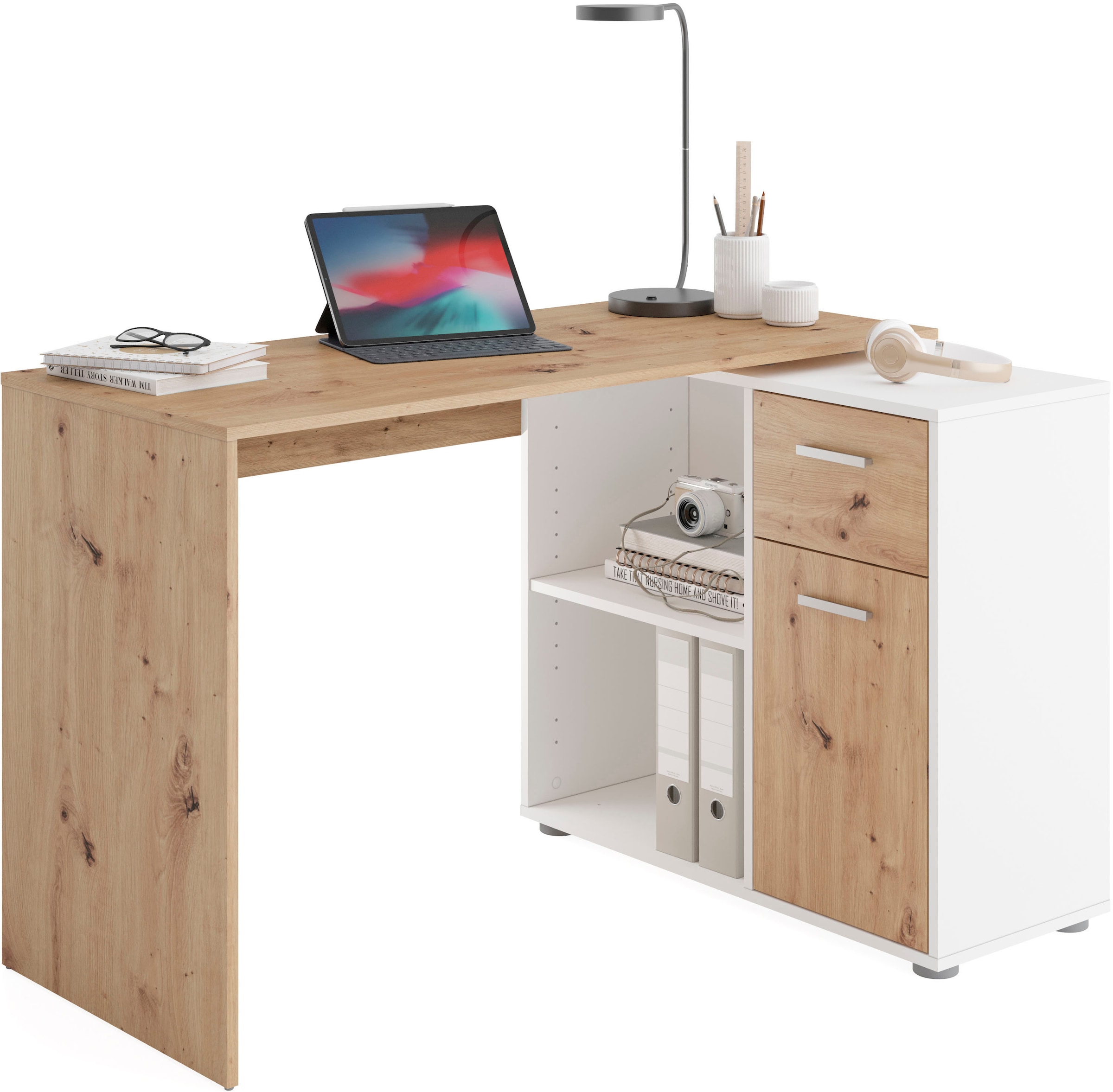 kaufen Schreibtisch mit Sideboard 117/148 drehbar, Stauraum, FMD »AUGSBURG«, Breite Eckschreibtisch / cm online