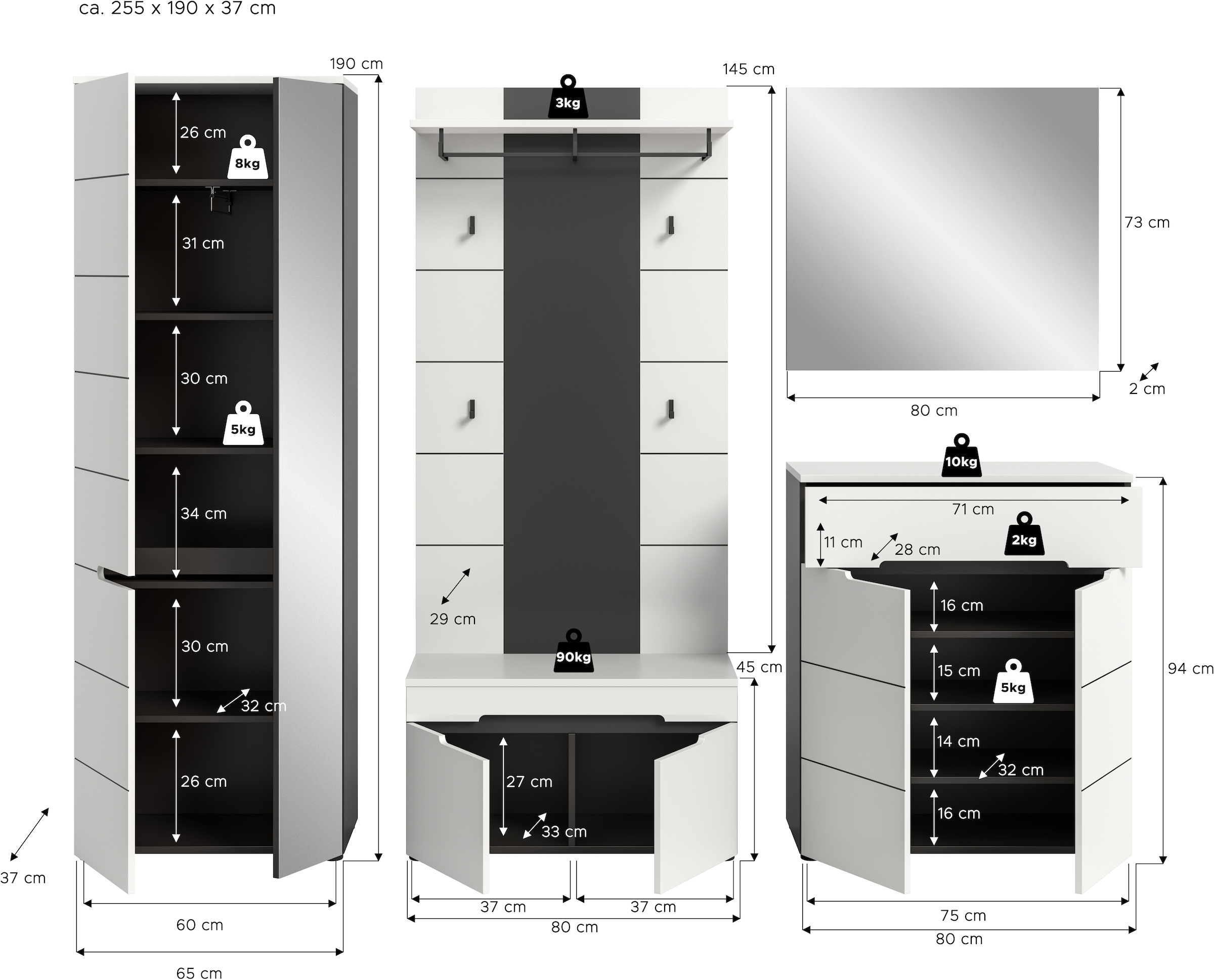 INOSIGN Garderoben-Set, (Set, 5 St., bestehend aus: Garderobenschrank, Sitzbank, Paneel, Spiegel, Kommode), Garderobenkombination, Kombination, Set, Flurgarderobe, Diele