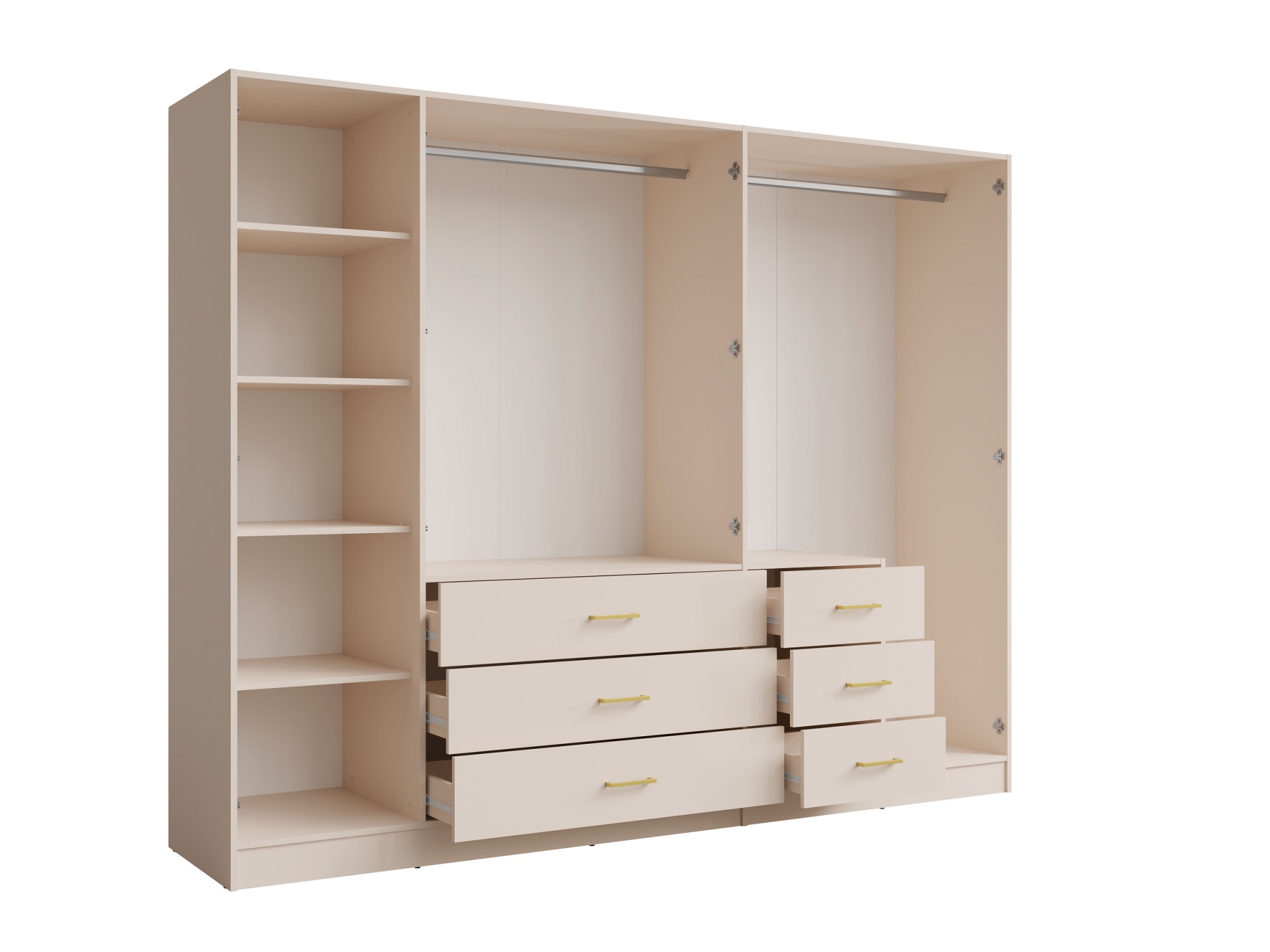 Home affaire Kleiderschrank »KOS Garderobe mit 6 Schubladen, Kleiderstange, 5 Einlegeböden, Spiegel« Kleiderschrank mit 5 Türen, goldenen Griffen, Maße B/H/T 250/200/58 cm