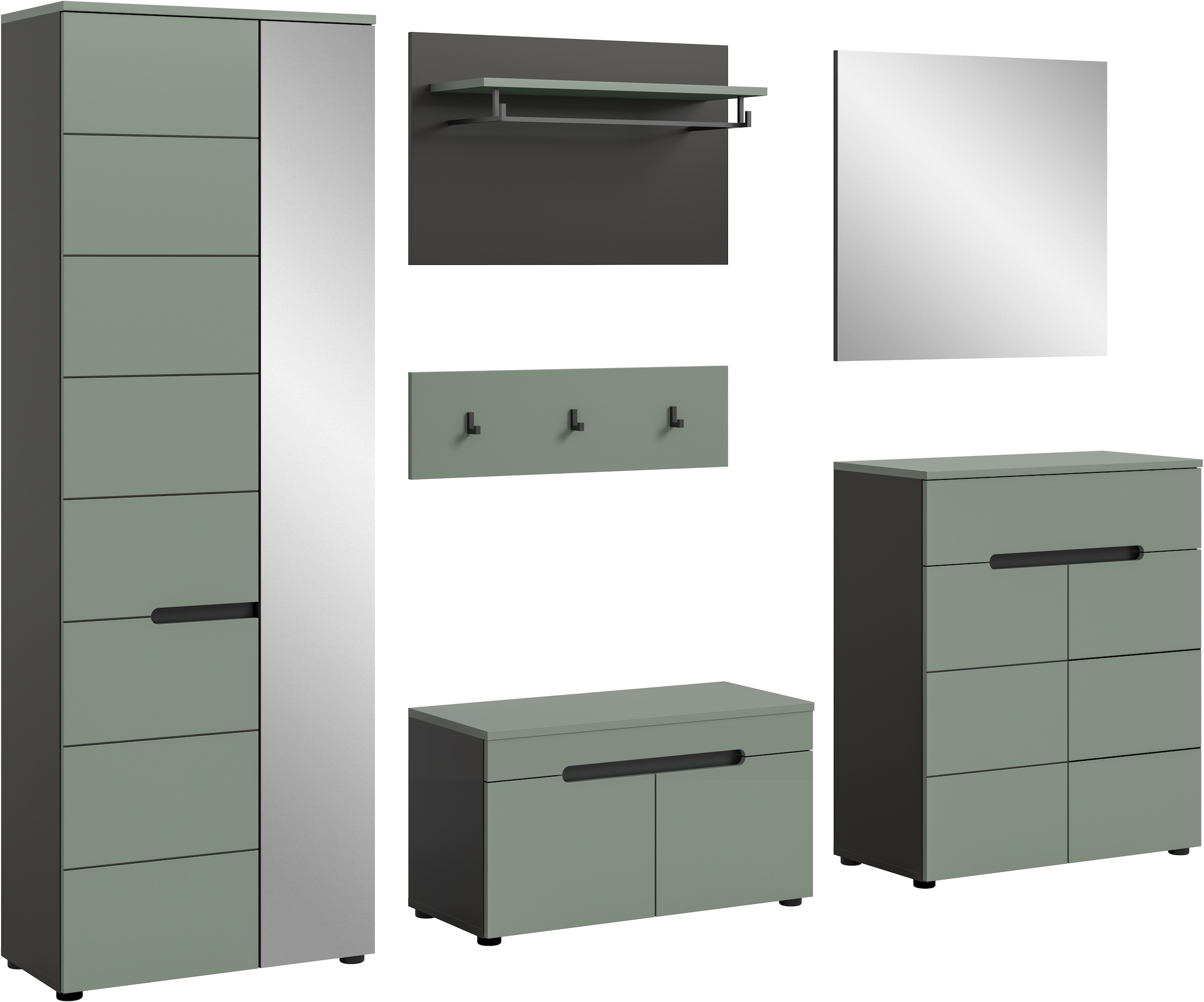 INOSIGN Garderoben-Set »Rehat, Garderobenkombination, Breite 255cm« Garderobenschrank, Sitzbank, Paneel, Hakenleiste, Spiegel, Kommode, 6 Stk. tlg.