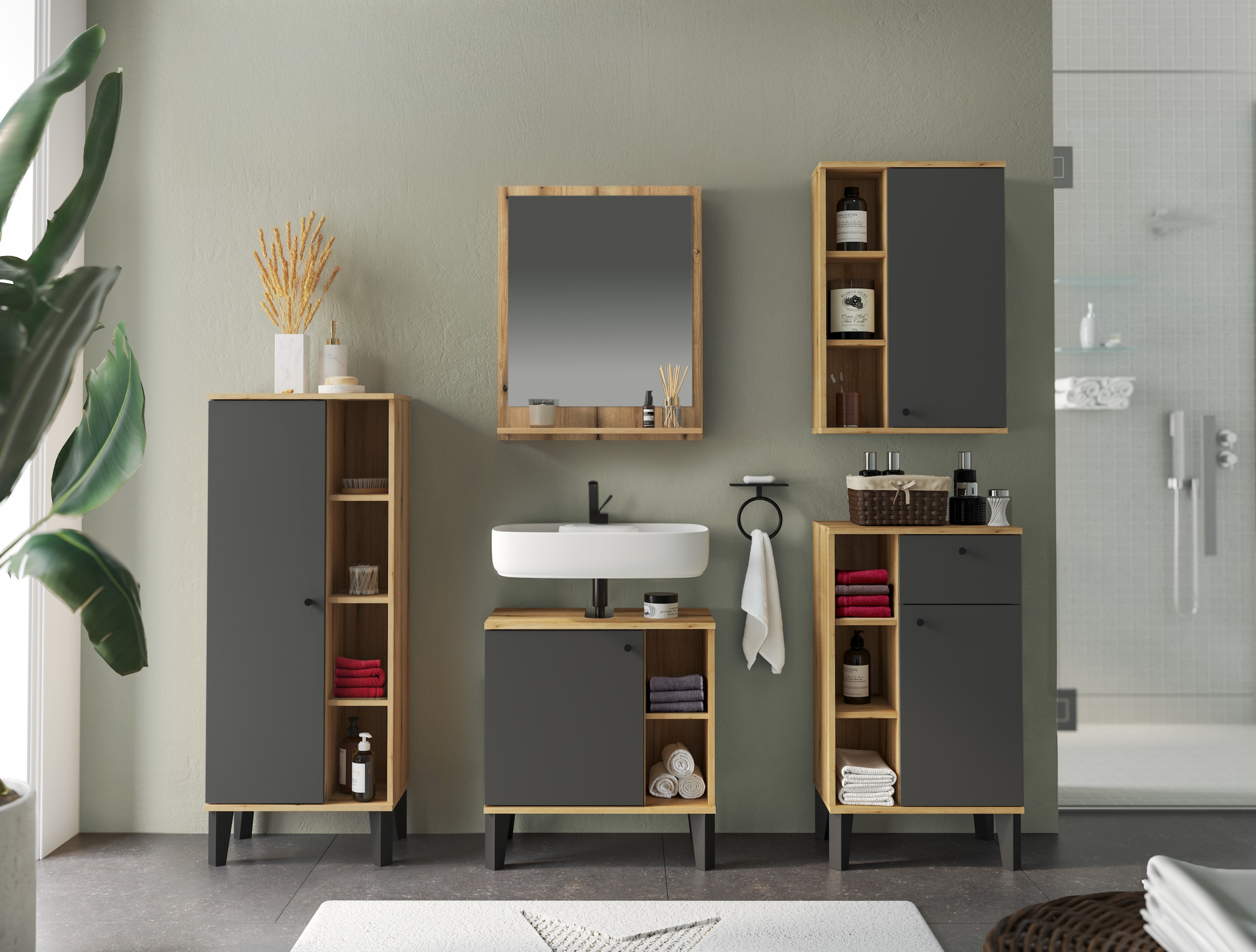 INOSIGN Badmöbel-Set »OSLO, Bad im skandinavischen Design, 5-teiliges Badezimmer«, (Set, 5 St.), Badschränke und Spiegel, in zwei Farben verfügbar, viel Stauraum