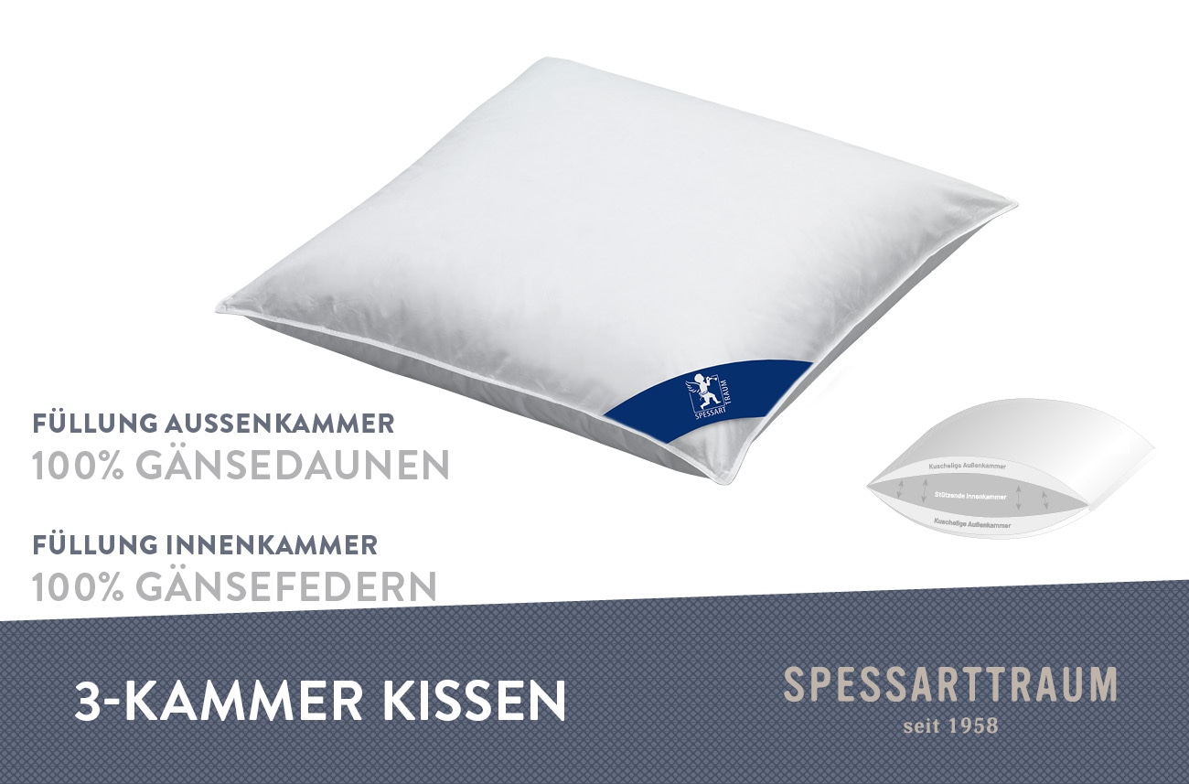 SPESSARTTRAUM 3-Kammer-Kopfkissen »Premium«, Füllung: 100% Gänsedaunen, Klasse 1, Downpass zertifiziert (Aussenkammern), Bezug: 100% Baumwolle, nachhaltig (Made in Green), Hausstauballergiker geeignet, (1 St.), gute Stützkraft