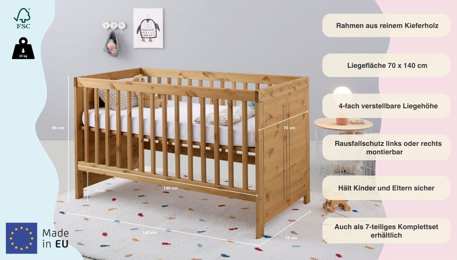 Lüttenhütt Babybett »Indra, Schlupfsprossen, 4-fach verstellbare Liegehöhe,«, FSC® zertifiziertes Massivholz, Landhausstil mit tollen Details