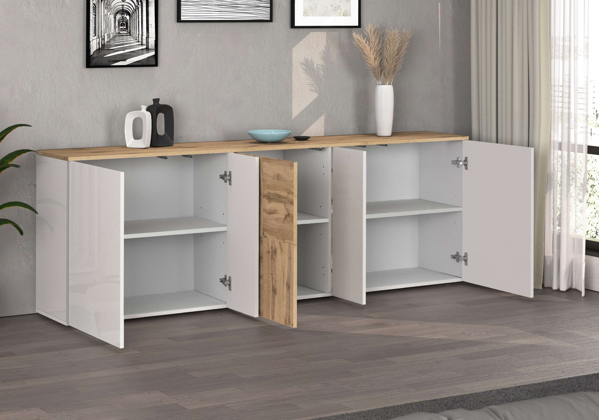 INOSIGN Sideboard »Sideboard ISEO, Kommode, Schrank, Kredenz« 1 Stk. tlg. stehend/hängend, 5 Türen HG lackiert, 6 Fächer, B 200 cm