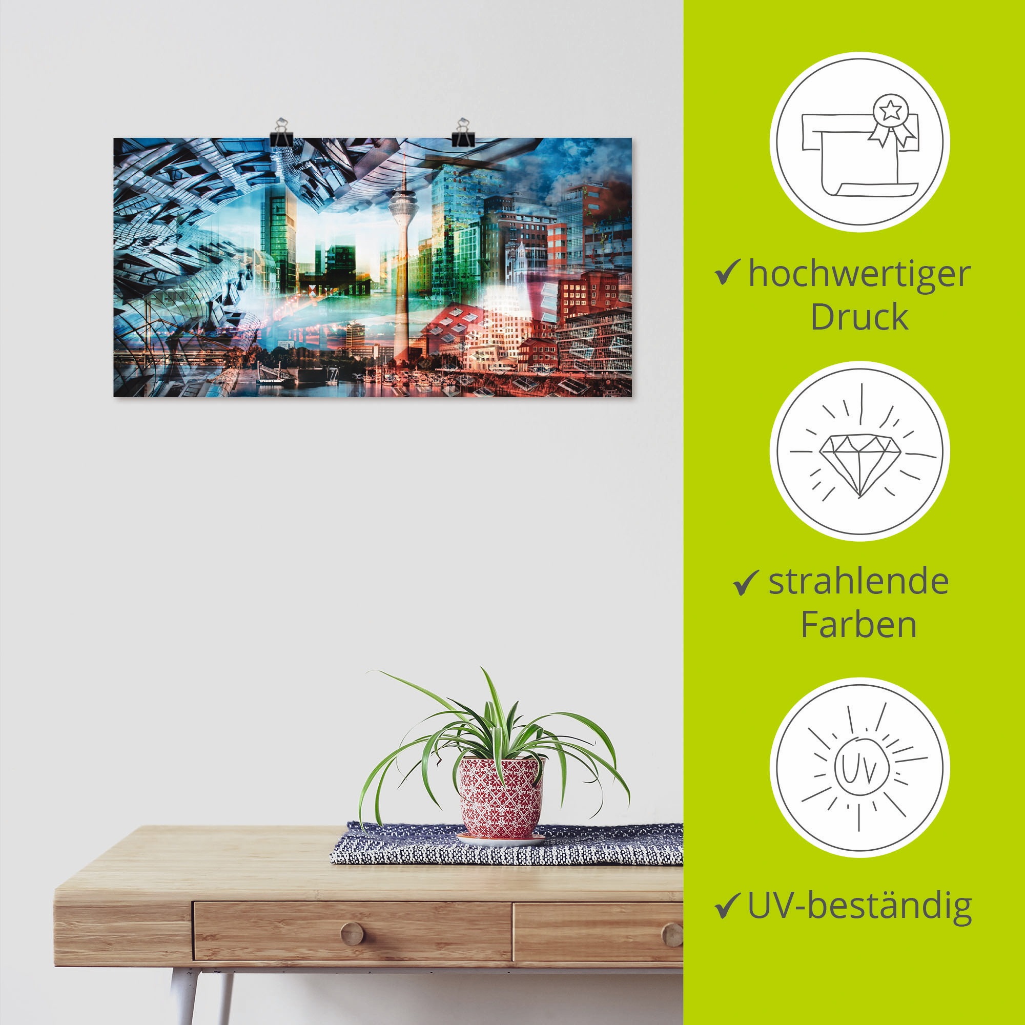 Artland Poster »Düsseldorf Skyline Collage VII«, Architektonische Elemente, (1 St.), als Leinwandbild, Wandaufkleber oder Poster in versch. Größen