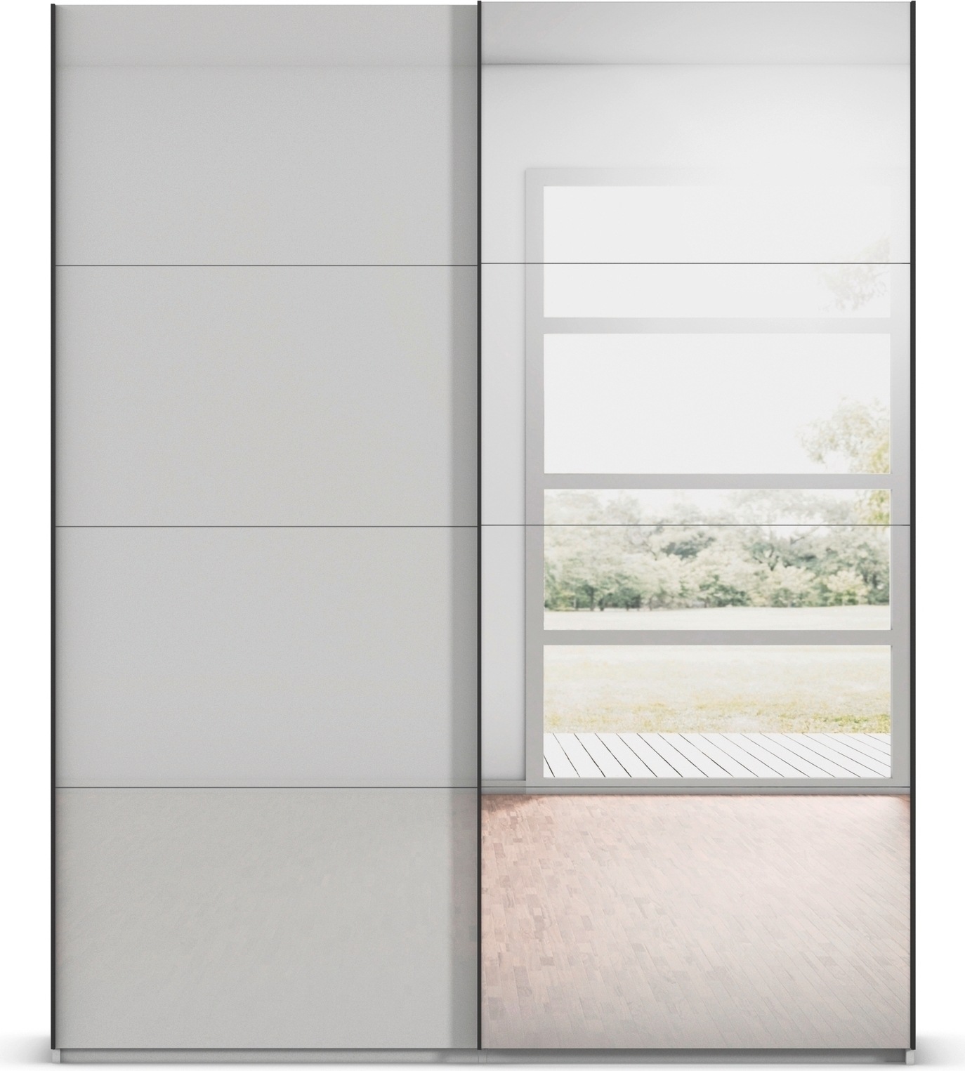 rauch Schwebetürenschrank »Kleiderschrank Schrank Garderobe Schlafzimmerschrank SCALE-FYRA«, edle viergeteilte Türen Spiegel/Glas-Mix viele Farben MADE IN GERMANY