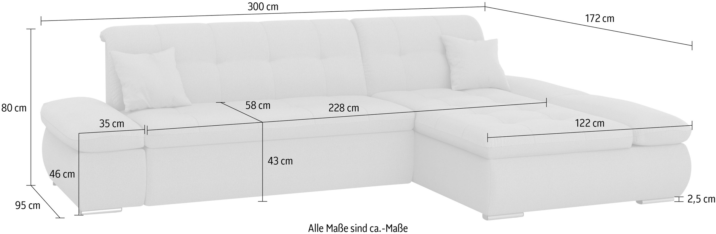 DOMO collection Ecksofa »Moric, L-Form, XXL-Sofa - Breite 300cm«, wahlweise mit Bettfunktion und Armteilverstellung, grau-beere