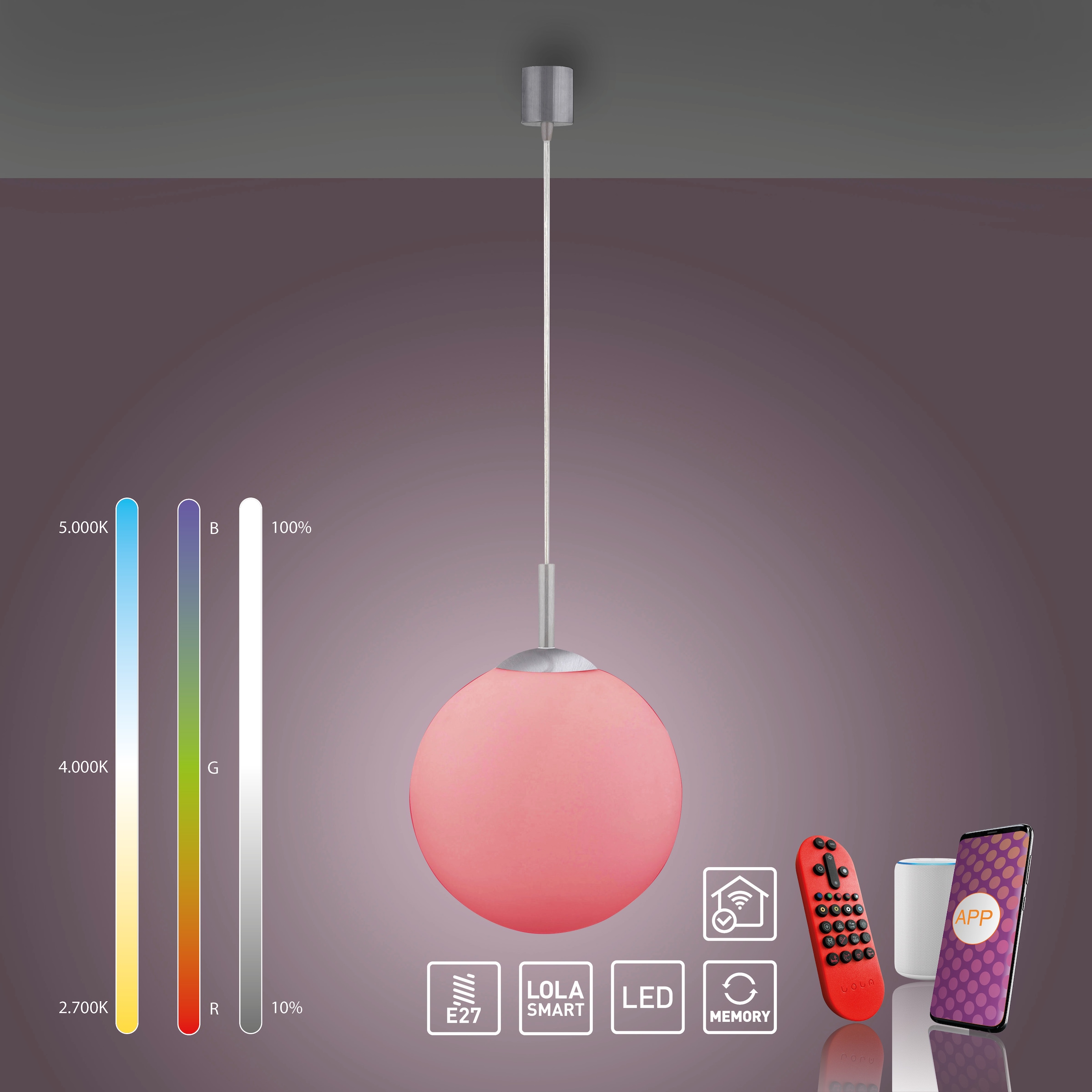 JUST LIGHT Pendelleuchte »Ls-BOLO«, 1 flammig, Leuchtmittel LED-Board | LED fest integriert, LED, RGB+tunable white, Fernbedienung, Infrarot inkl., Smarthome fähig