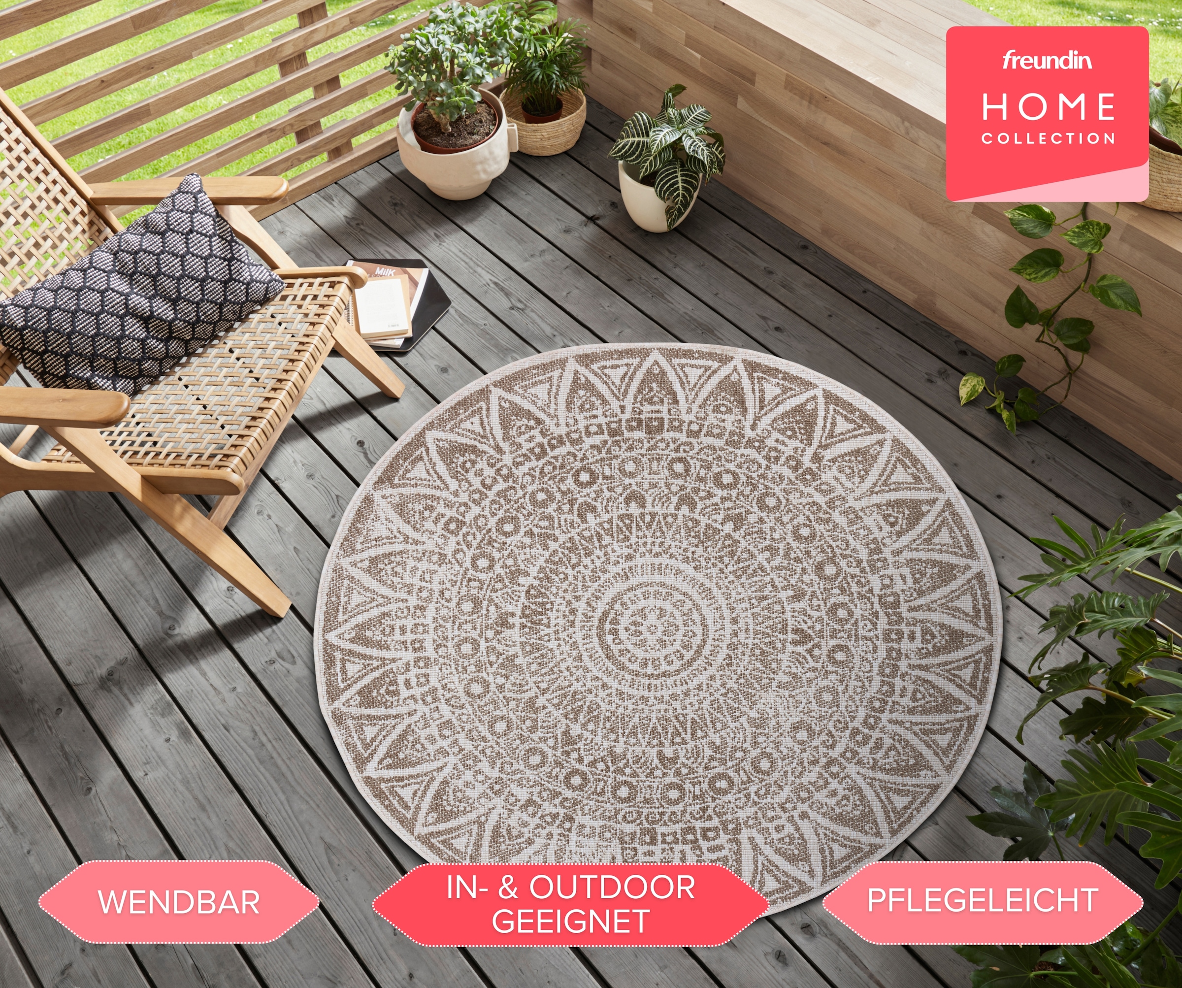 freundin Home Collection Teppich »Lilja Wendeteppich«, rund, 5 mm Höhe, In-& Outdoor, beidseitig, Wetterfest, Balkon, Garten, Wohnzimmer