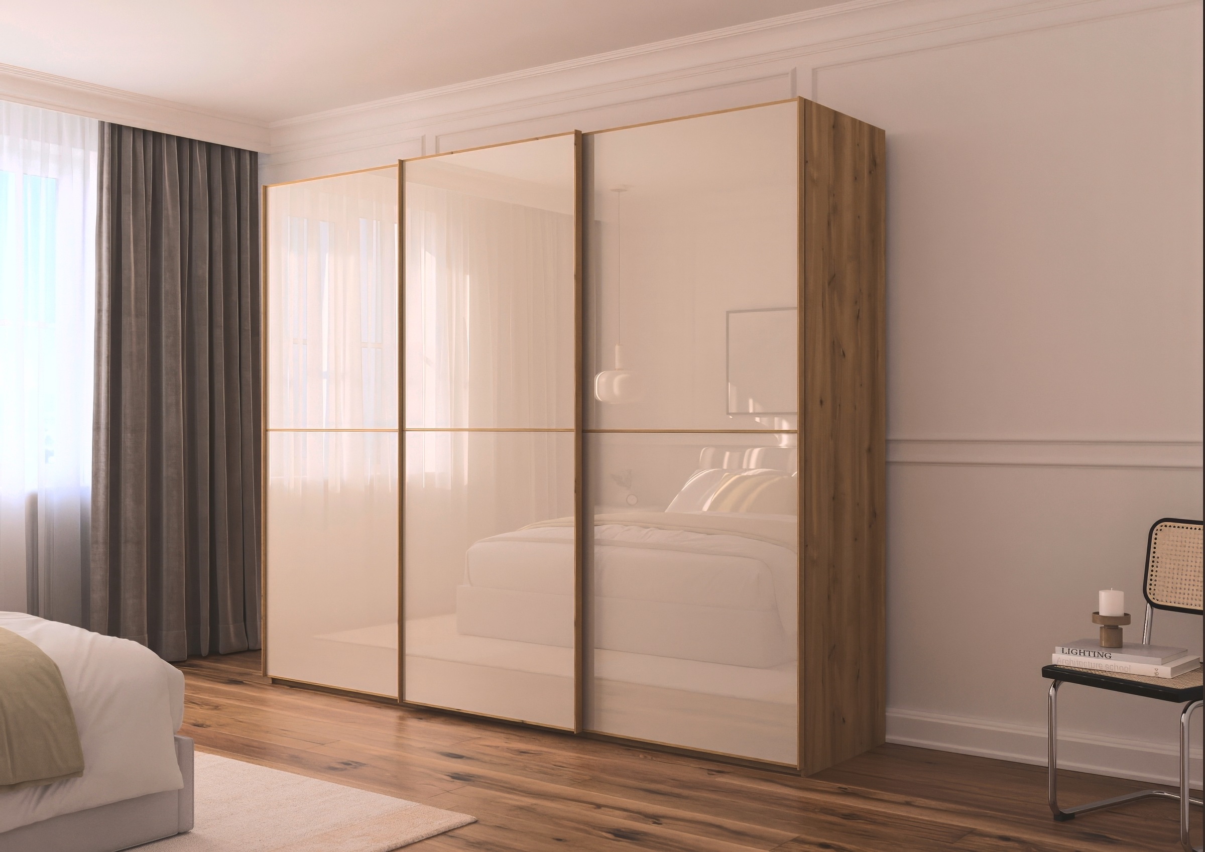 rauch Schwebetürenschrank »Kleiderschrank Schrank Garderobe Schlafzimmerschrank SCALE-DUO«, edle zweigeteilte Türen Glas-Front mit 3 Zierleisten MADE IN GERMANY
