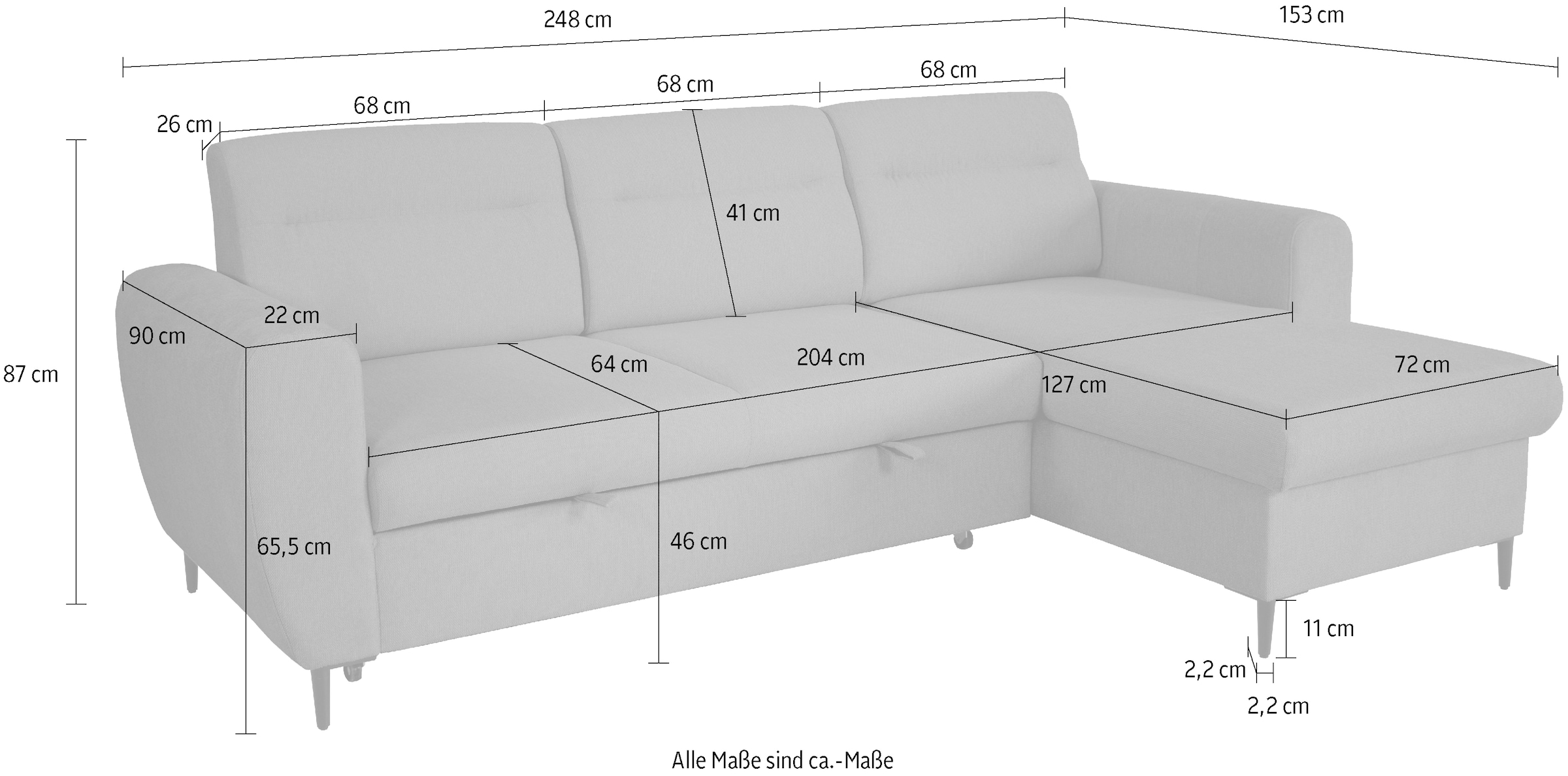 Trends by HG Ecksofa »Bella L-Form, B: 248 cm« mit Bettfunktion & Bettkasten