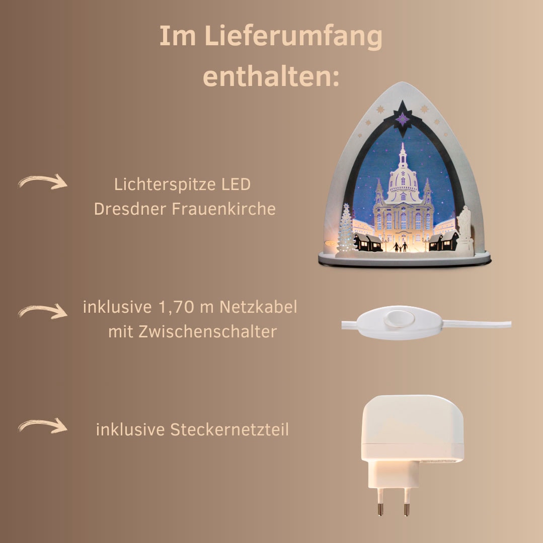 Weigla Lichterbogen »Dresdner Frauenkirche, moderne LED Lichterspitze aus Holz & Acrylglas«, Erzgebirge garantiert, Weihnachtsdeko Innen, Weihnachtsbeleuchtung