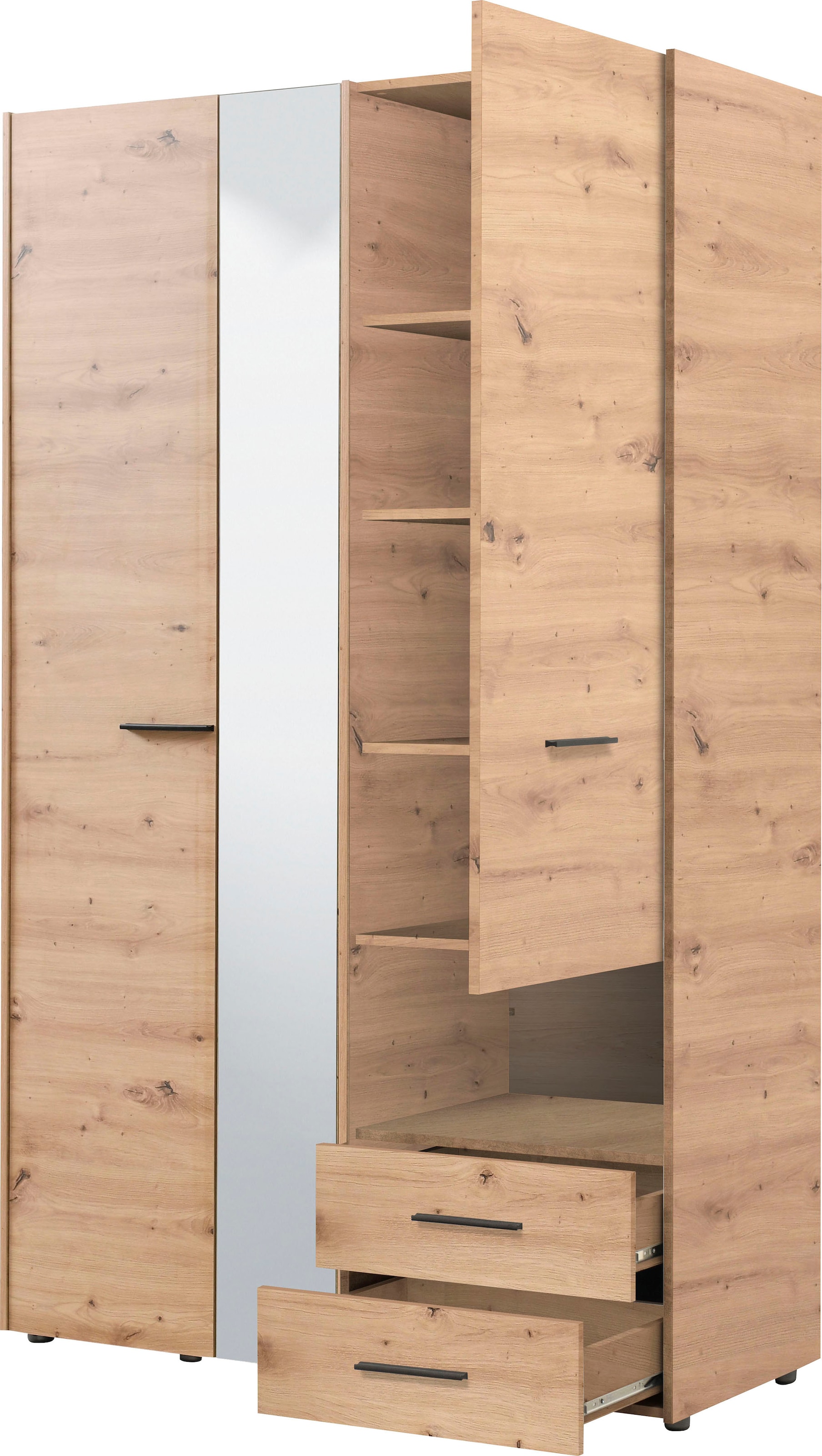 INOSIGN Kleiderschrank »Leon, FSC® -zertifiziertem Holzwerkstoff«, mit Spiegel, Innenausstattung und 2 Schubladen, 127,5x55x205,5cm