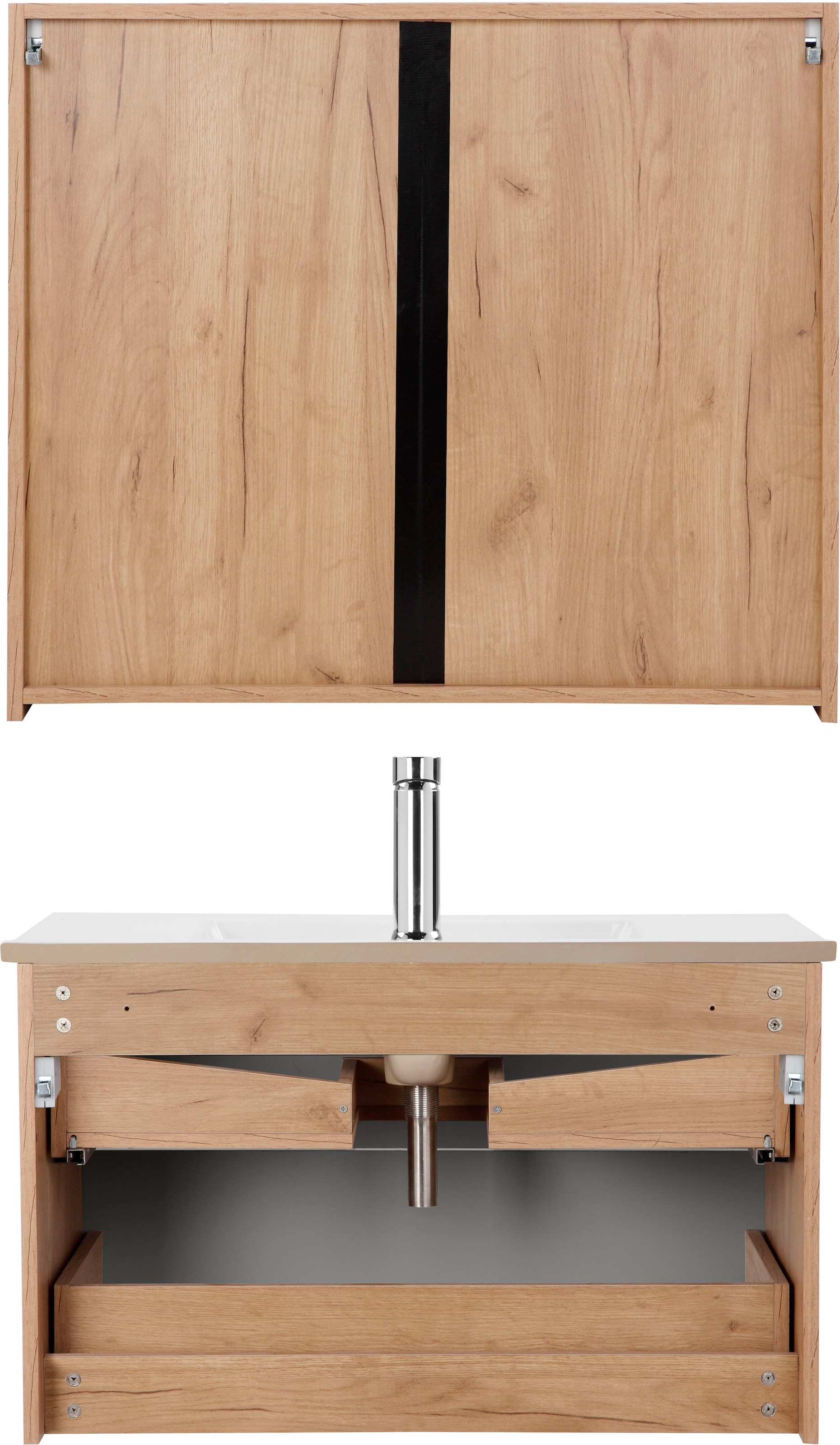 welltime Badmöbel-Set »Lund Badmöbel Set Badschrank Badezimmerset«, (Komplett-Set, 3 St.), Waschtisch, Spiegelschrank und Becken Breite 80cm