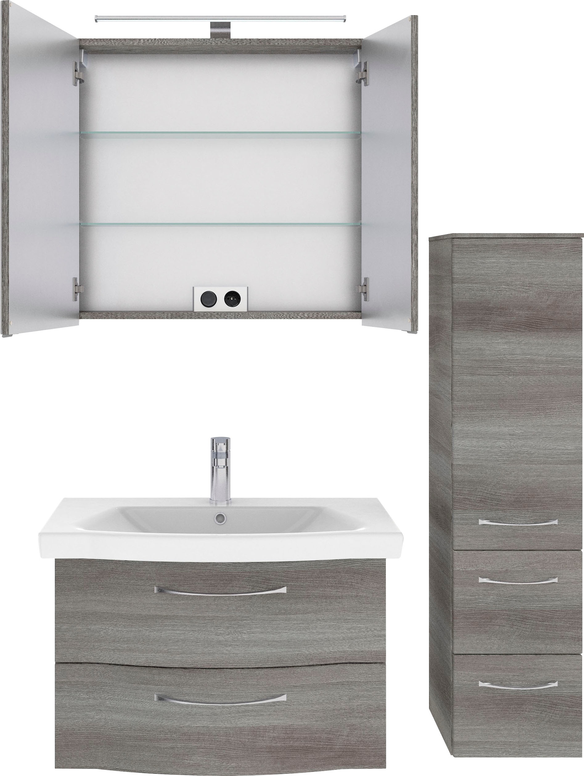 Saphir Badmöbel-Set »6005 Sprint 3-teilig, Keramik-Waschtisch mit LED-Spiegelschrank«, (4 St.), Midischrank, inkl. Türdämpfer, 3 Türen, 4 Schubladen, Bad-Set