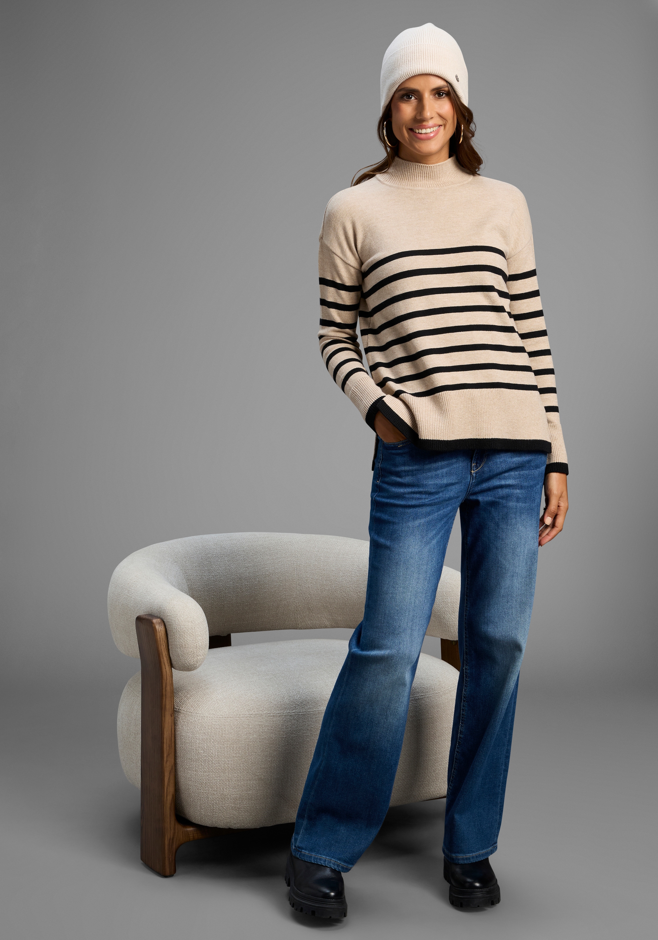 Laura Scott Streifenpullover kuscheliger Winterstrick mit seitlichen Schlitzen - NEUE KOLLEKTION