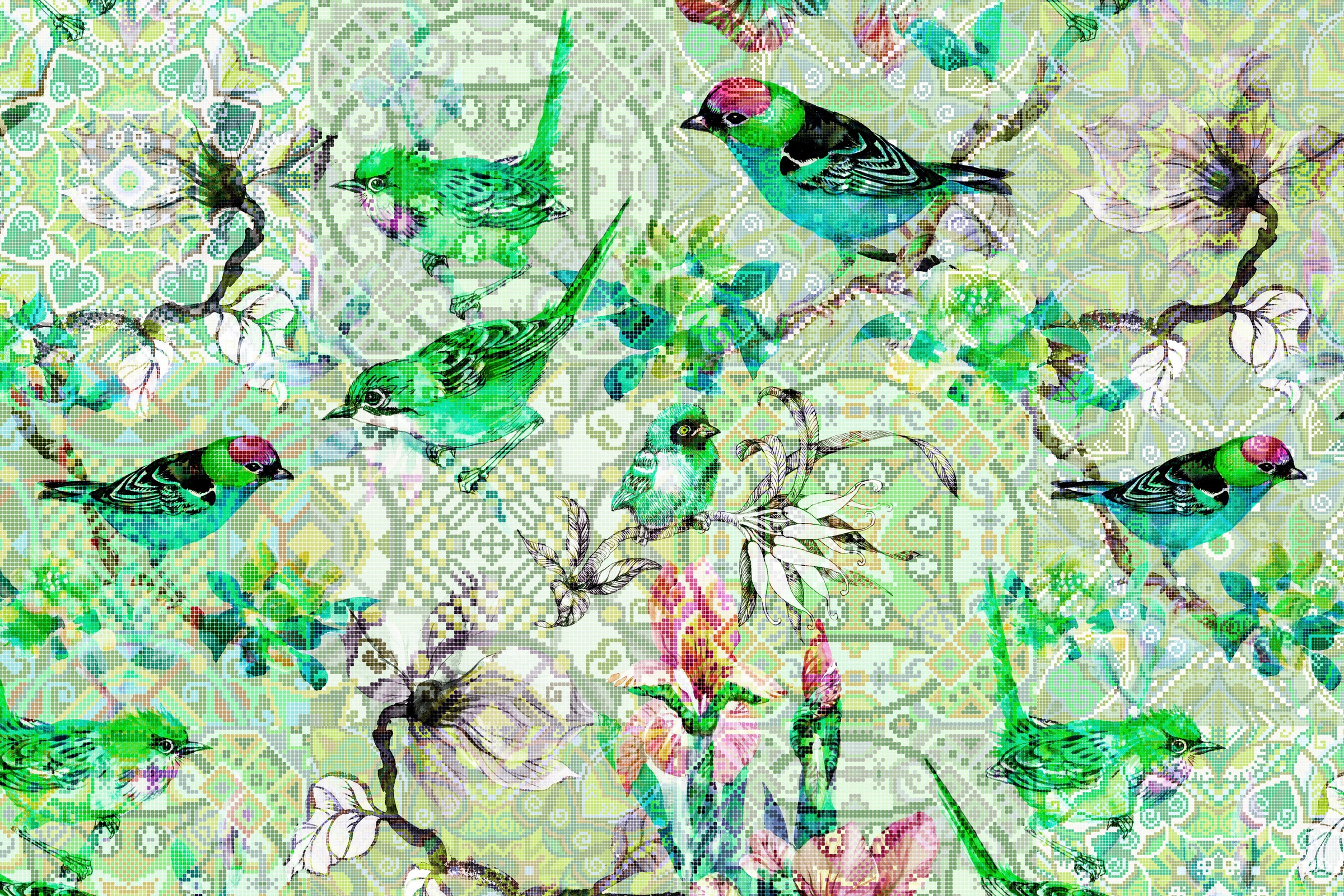 A.S. Création Leinwandbild »mosaic birds«, Kunst-Vögel-Kinder, (1 St.), Mosaik Keilrahmen Floral Blumen Vögel Leinwand-Bild Wohnzimmer modern