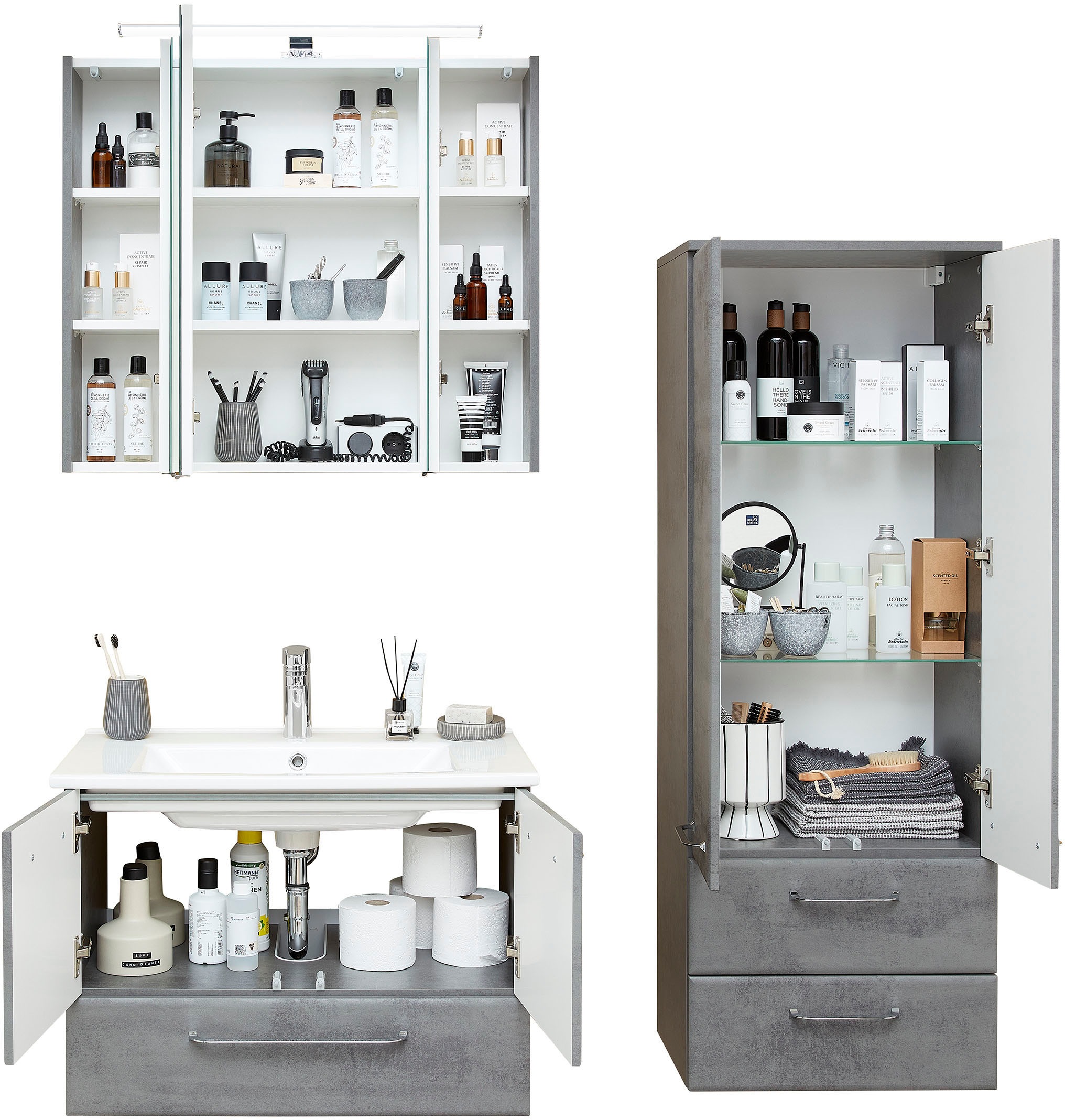 Saphir Badmöbel-Set »Quickset 945 3-teilig, Keramik-Waschtisch mit LED-Spiegelschrank«, (4 St.), Midischrank, 7 Türen, 3 Schubladen, 8 Einlegeböden, inkl. Türdämpfer