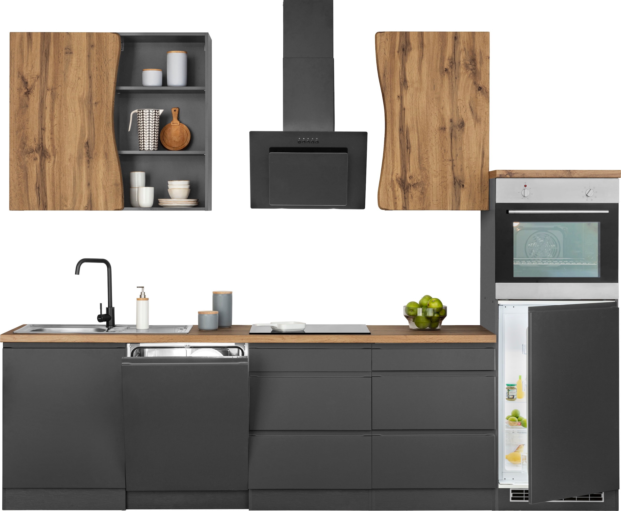 KOCHSTATION Küchenzeile »KS-Bruneck«, 300 cm breit, Ceran-oder Induktionskochfeld, hochwertige MDF-Fronten