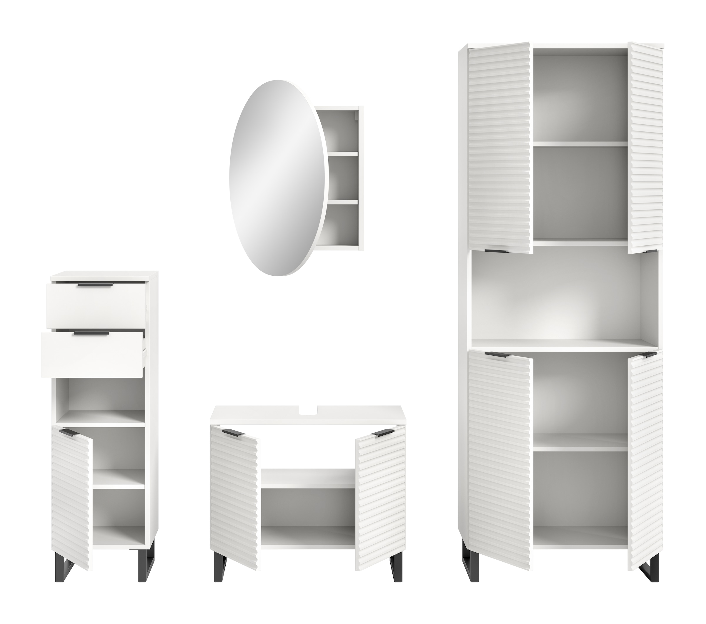 welltime Badmöbel-Set »Litica, Breite 205 cm, hochwertige Rillenfräsung, Metallkufen«, (4 St.), Unterschrank, Waschbeckenunterschrank, Spiegelschrank, Hochschrank
