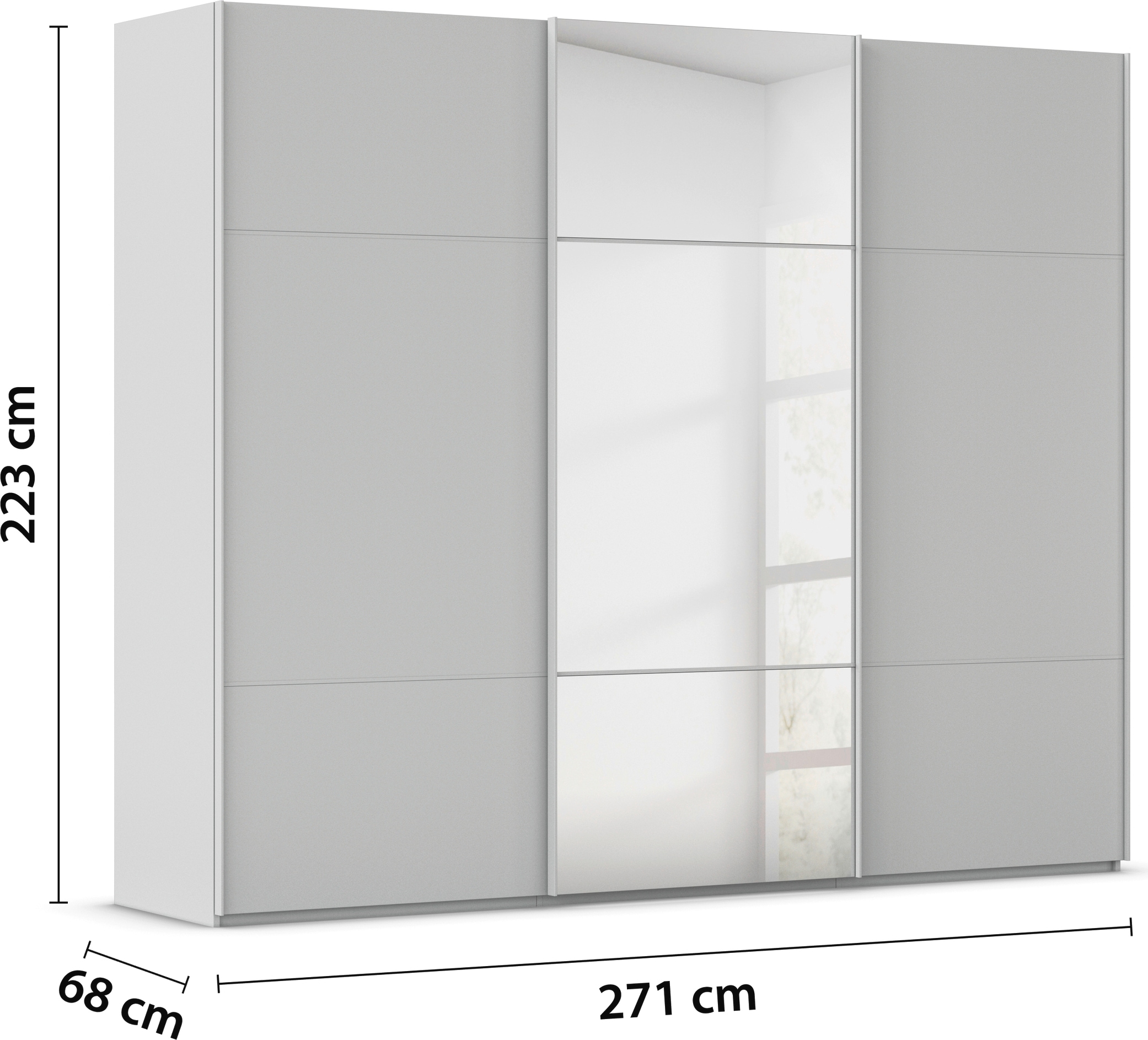 rauch Schwebetürenschrank »Kleiderschrank Schrank Garderobe Schlafzimmerschrank SCALE-TRIO«, edle dreigeteilte Front mit 2 Zierleisten und Spiegel MADE IN GERMANY