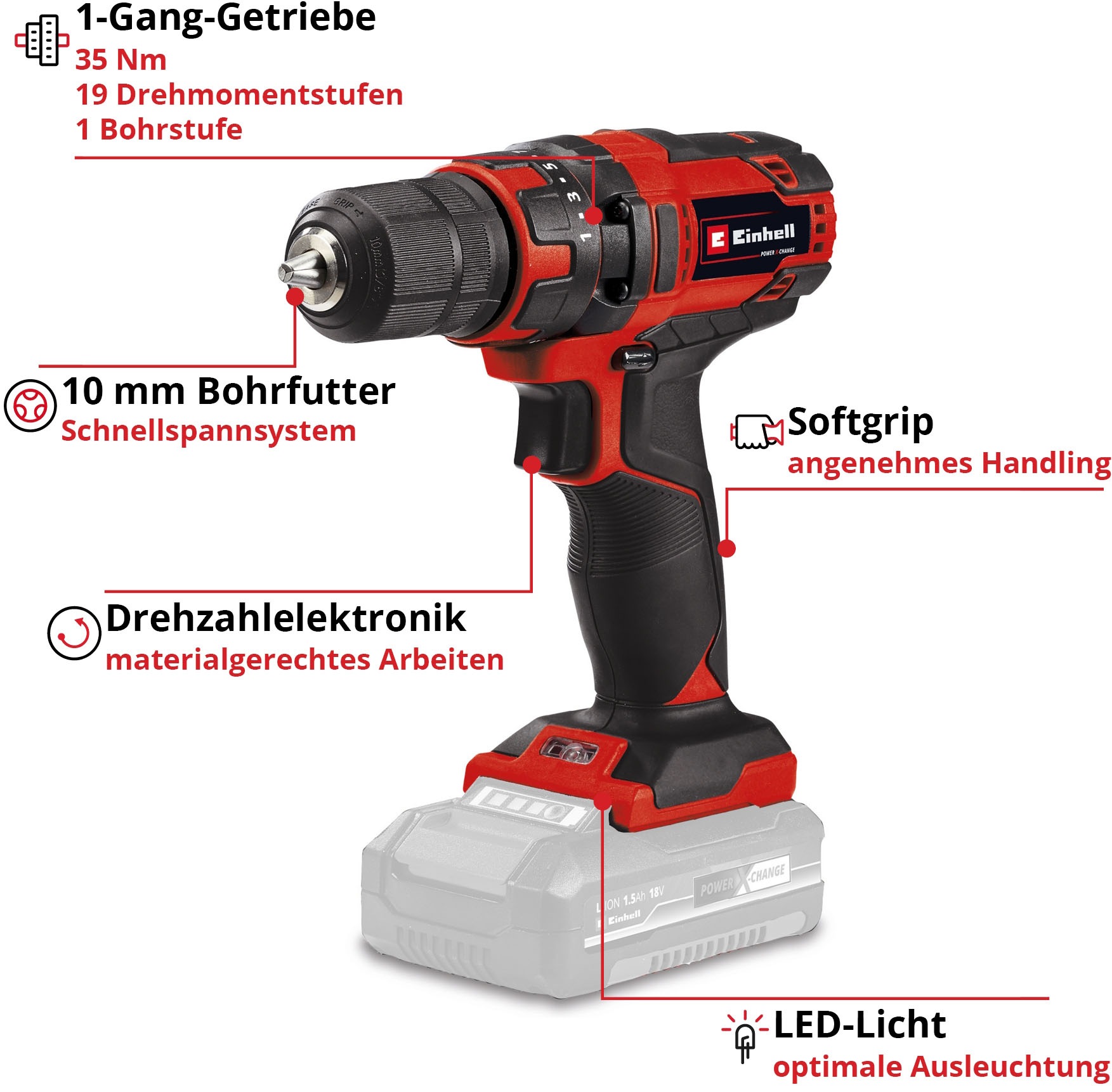 Einhell Akku-Bohrschrauber »TC-CD 18/35 Li«, (Set), Power X-Change, Inkl. Akku und Zubehör