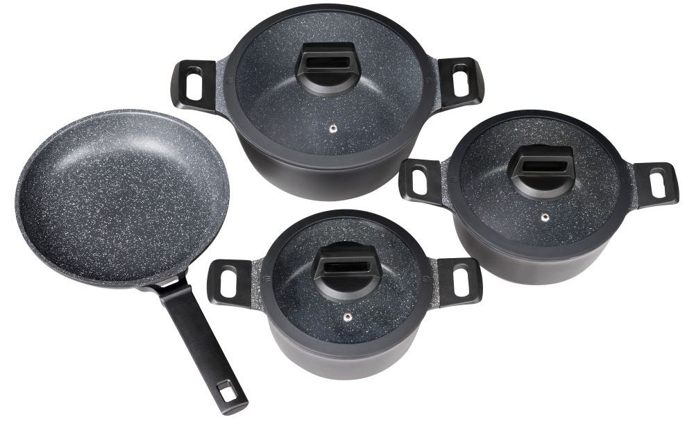Mulex Topf-Set »MALAGA, aus hochwertigem Aluguss«, Aluminiumguss, (Set, 7 tlg., Kochtopfset inkl. Bratpfanne), hitzebeständige Bakelitgriffe, inkl. Softtouch-Silikon Glasdeckel