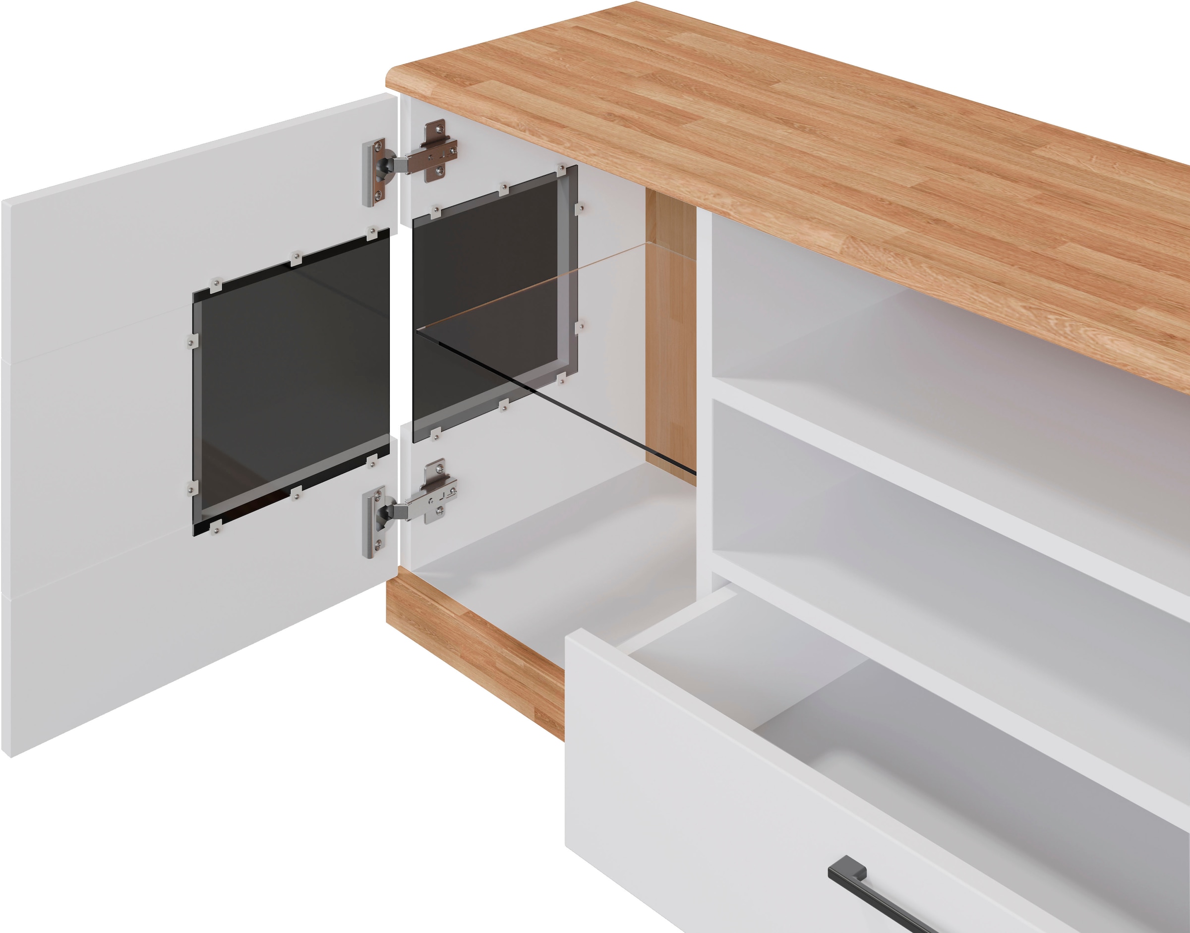 Home affaire Lowboard »Ribe,160cm breit,55cm hoch«, Oberplatte Massivholz,schwarze Metall Griffe,2 Türen mit Glaseinsatz
