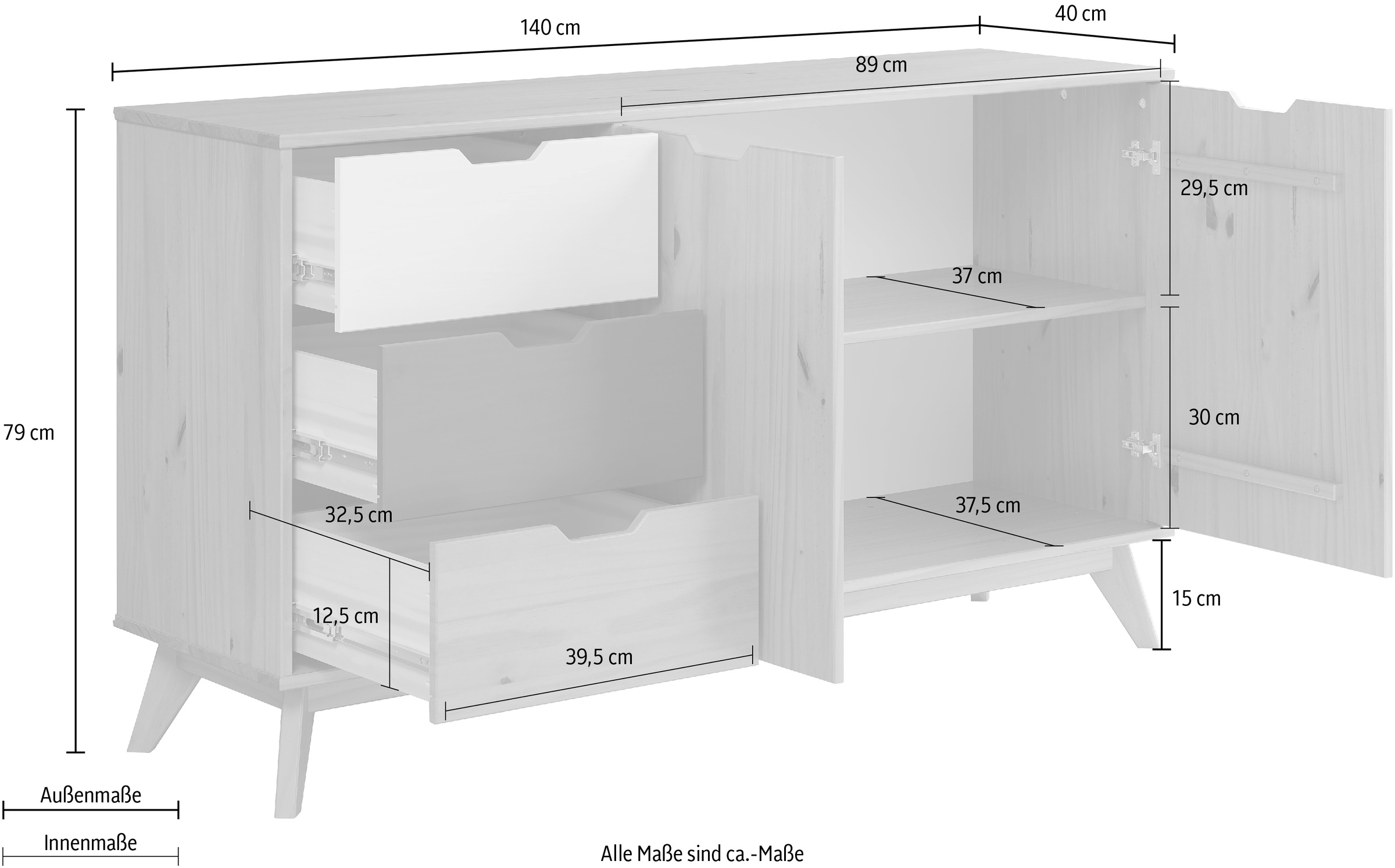 INTER-FURN Sideboard »Scandik«, Kommode, praktisch und aus massiver Kiefer, Breite 140 cm