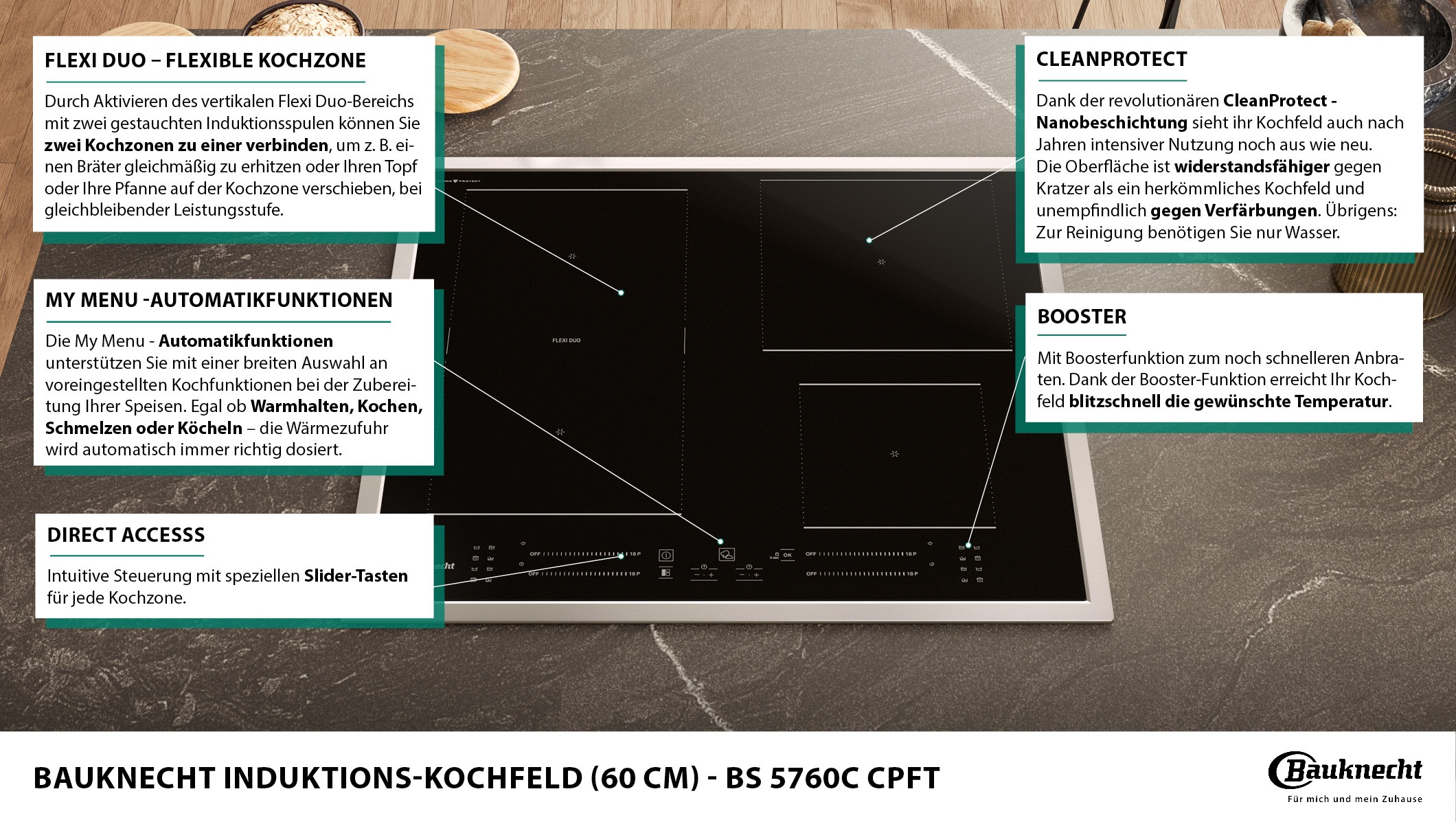 BAUKNECHT Flex-Induktions-Kochfeld »BS 5760C CPFT«, CleanProtect – mühelose Reinigung nur mit Wasser