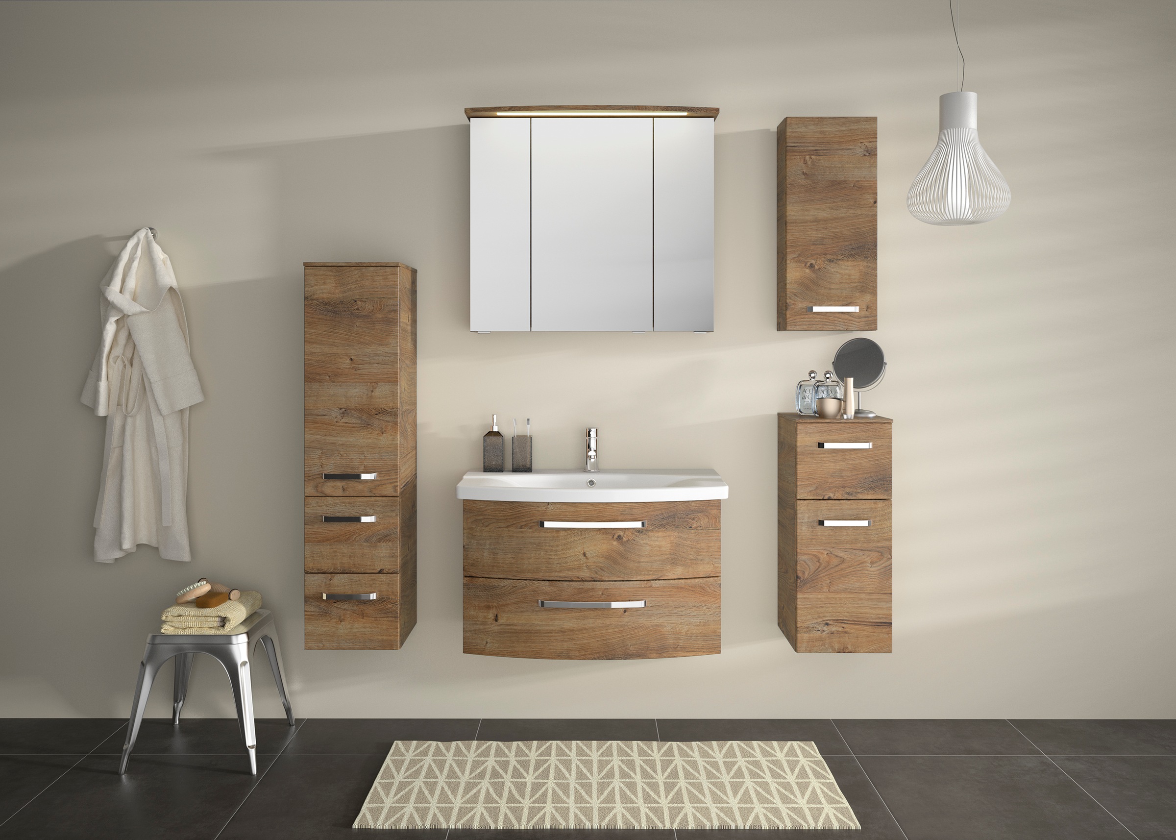 Saphir Badezimmerspiegelschrank »Serie 4010 Badezimmer-Spiegelschrank inkl. LED-Beleuchtung im Kranz«, Badschrank 82 cm breit, 3 Türen, 6 Glas-Einlegeböden, inkl Türdämpfer
