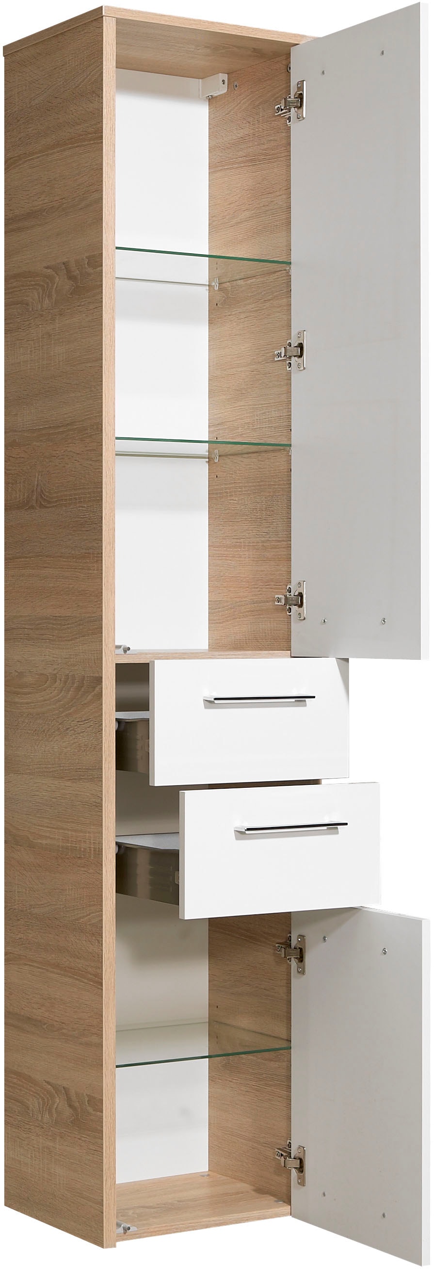 Saphir Hochschrank »Quickset 382 Badschrank 40 cm breit, 2 Türen, 2 Schubladen« Badezimmer-Hochschrank, Weiß Hochglanz, Griffe in Chrom glänzend