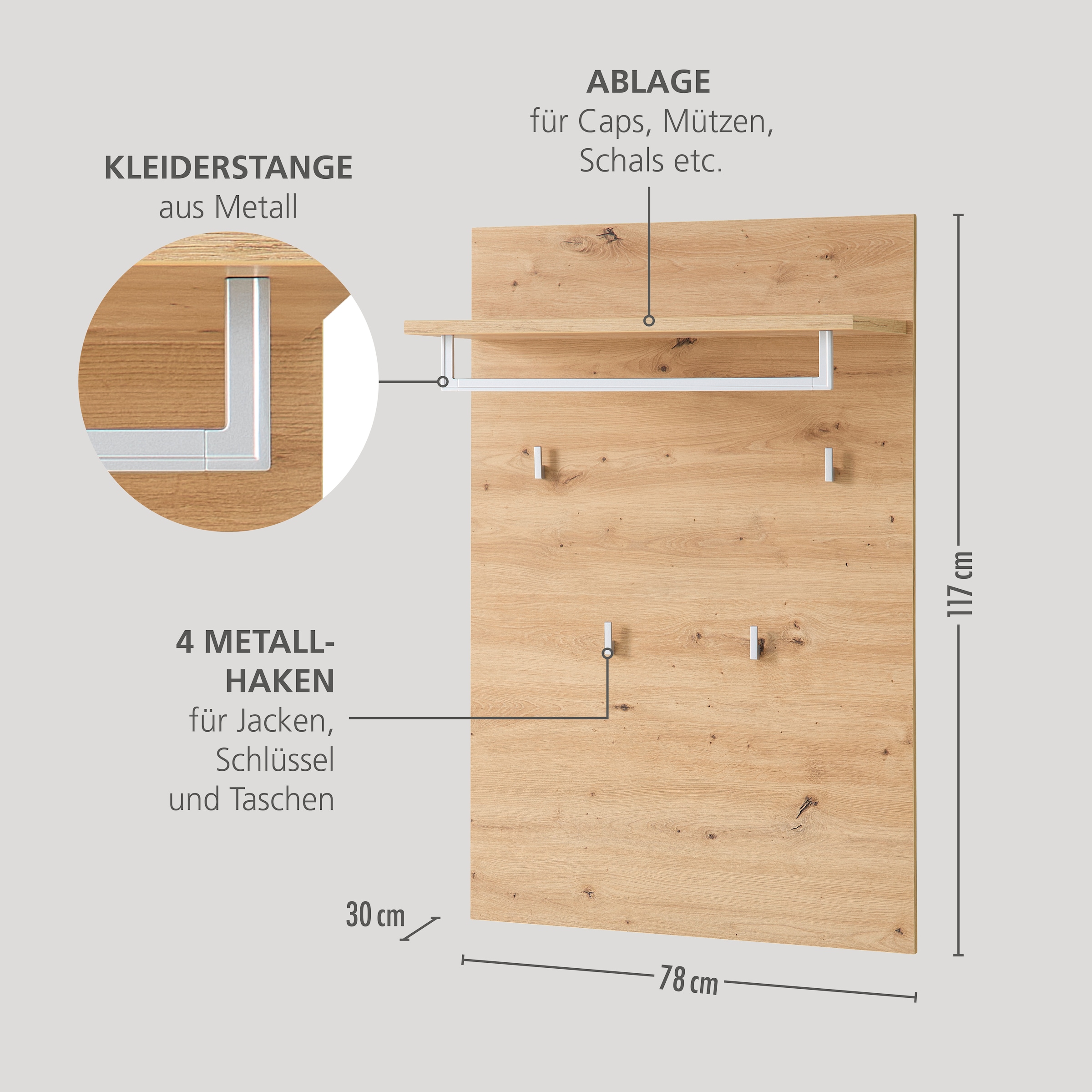 Innostyle Garderobenpaneel »BARI Graderobenpaneel, BxHxT 40x158x30 cm«, (1 St.), 1 Ablageboden, 1 Kleiderstange, 4 Haken
